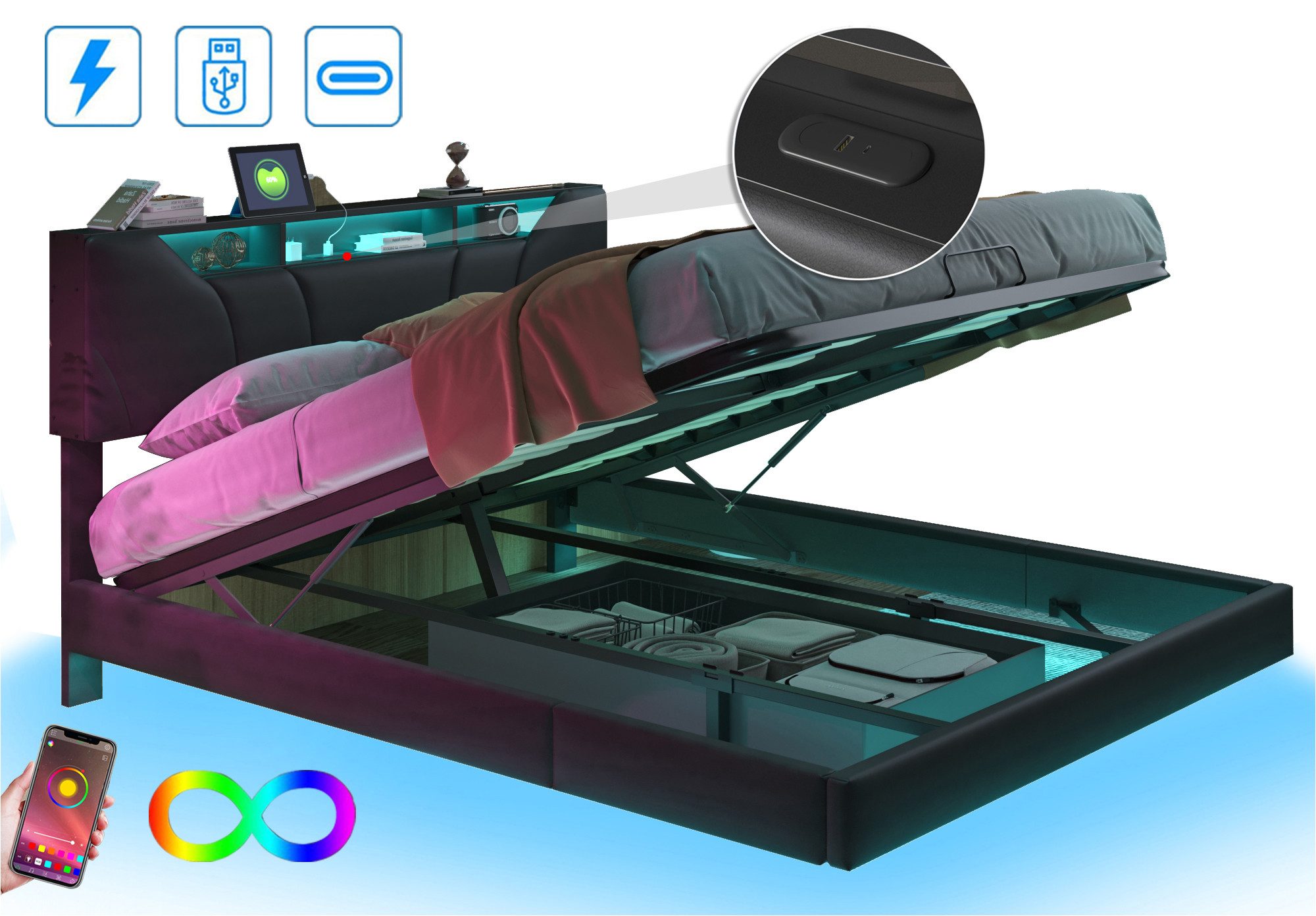 FUROKOY Polsterbett Doppelbett Stauraumbett mit LED-Beleuchtung günstig online kaufen