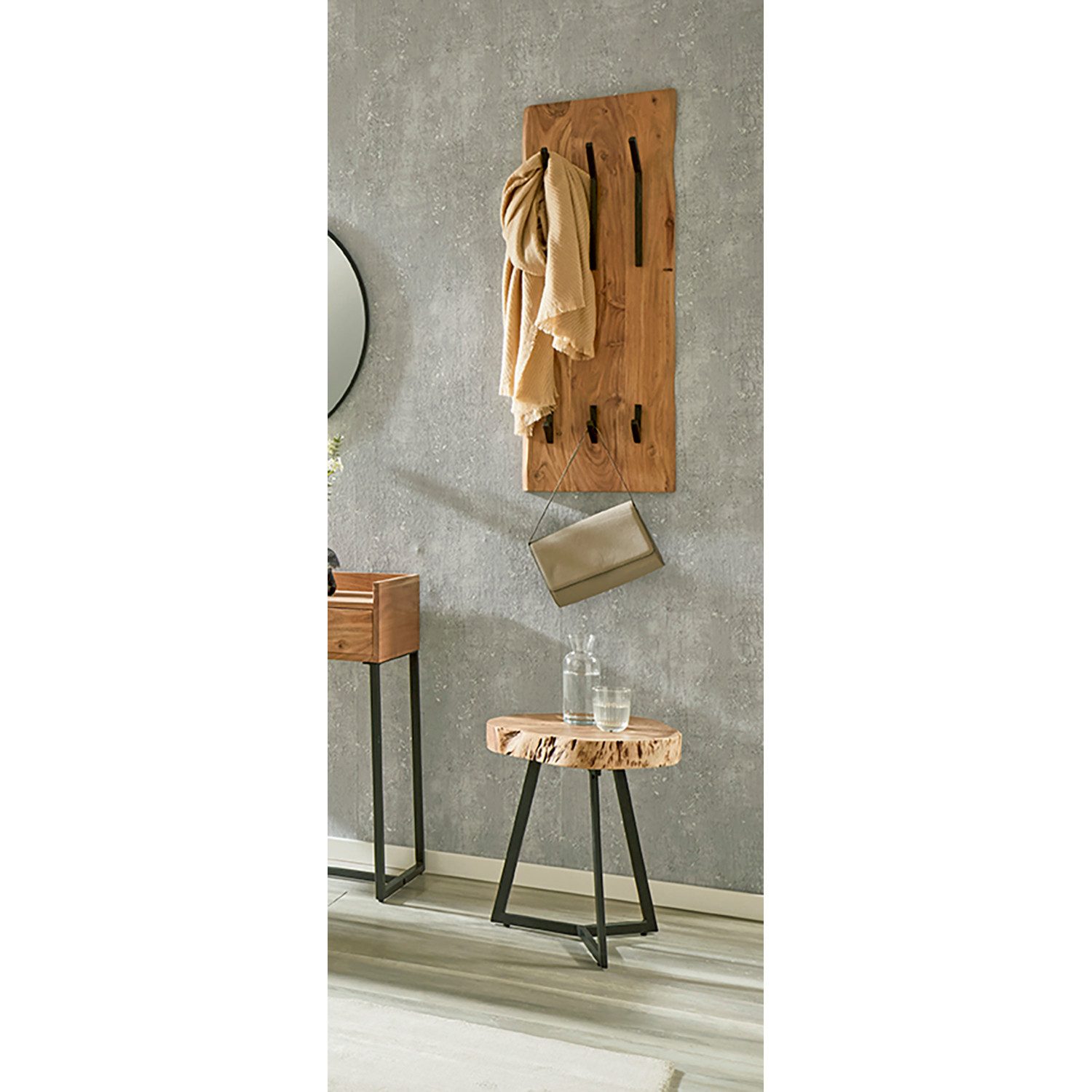 HAKU Garderobenständer RIVERA 6 Garderobe - akazie-schwarz - Massivholz, Metall - H. 100cm, (1xWandgarderobe, Wandhalterung - Wandhalter), Wandhakenleiste - Hakenleiste - Garderobenleiste - Wandhaken