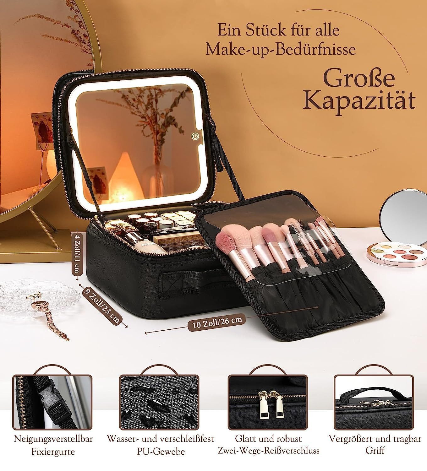 Toomoke Kosmetiktasche Kosmetiktasche mit Beleuchtetem Spiegel,Make Up Tasche (mit 3 Farbe LED Licht,Schminktasche mit verstellbaren Trennwänden,Reise Kosmetiktasche mit Schminkspiegel,Kosmetiktasche,Schminktasche,Kosmetikkoffer,Make Up Zubehör)