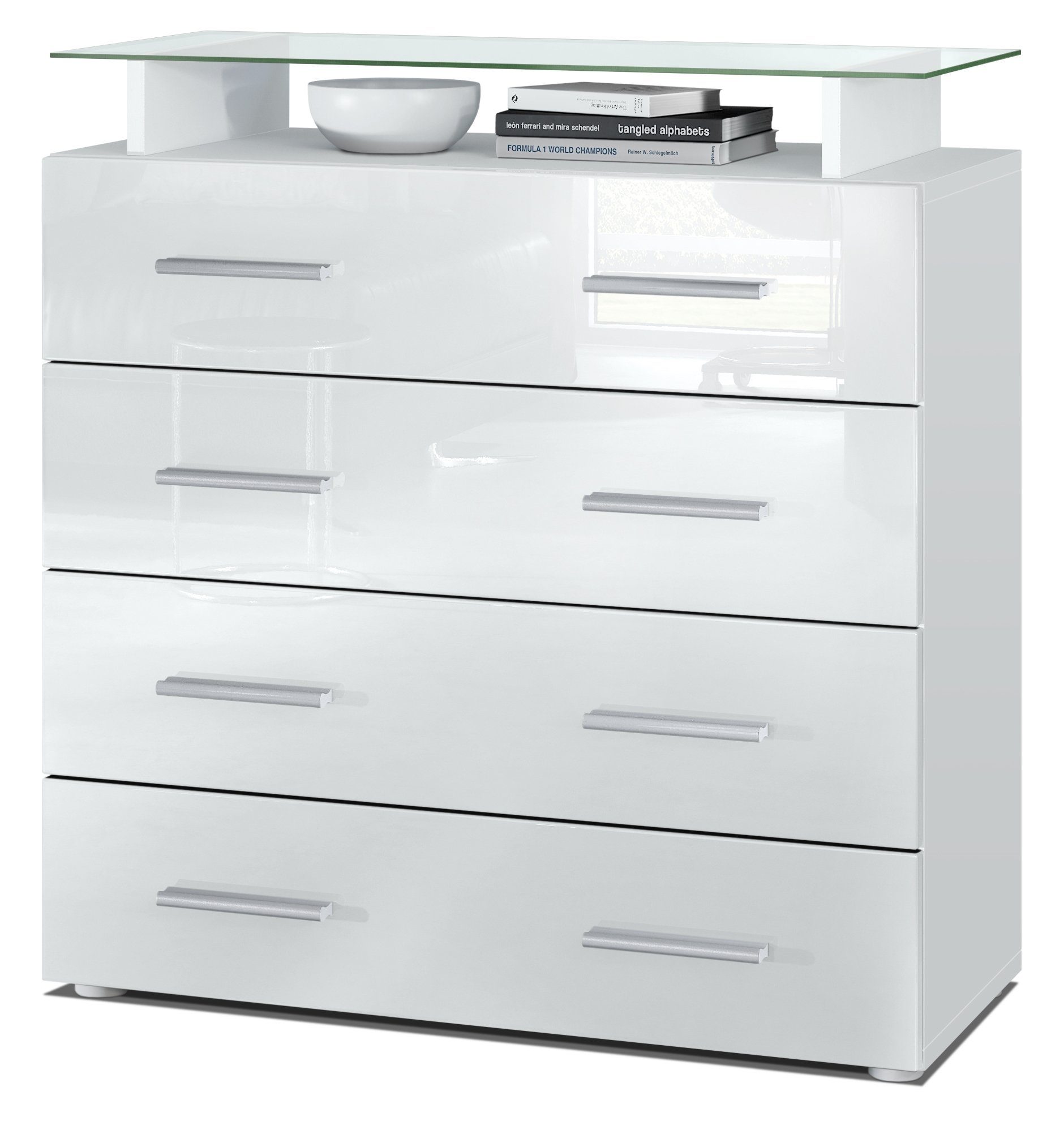 Vladon Kommode Pavos V2 (Kommode, mit 4 Schubladen und Glasablage), Weiß matt/Weiß Hochglanz (76 x 81 x 35 cm)