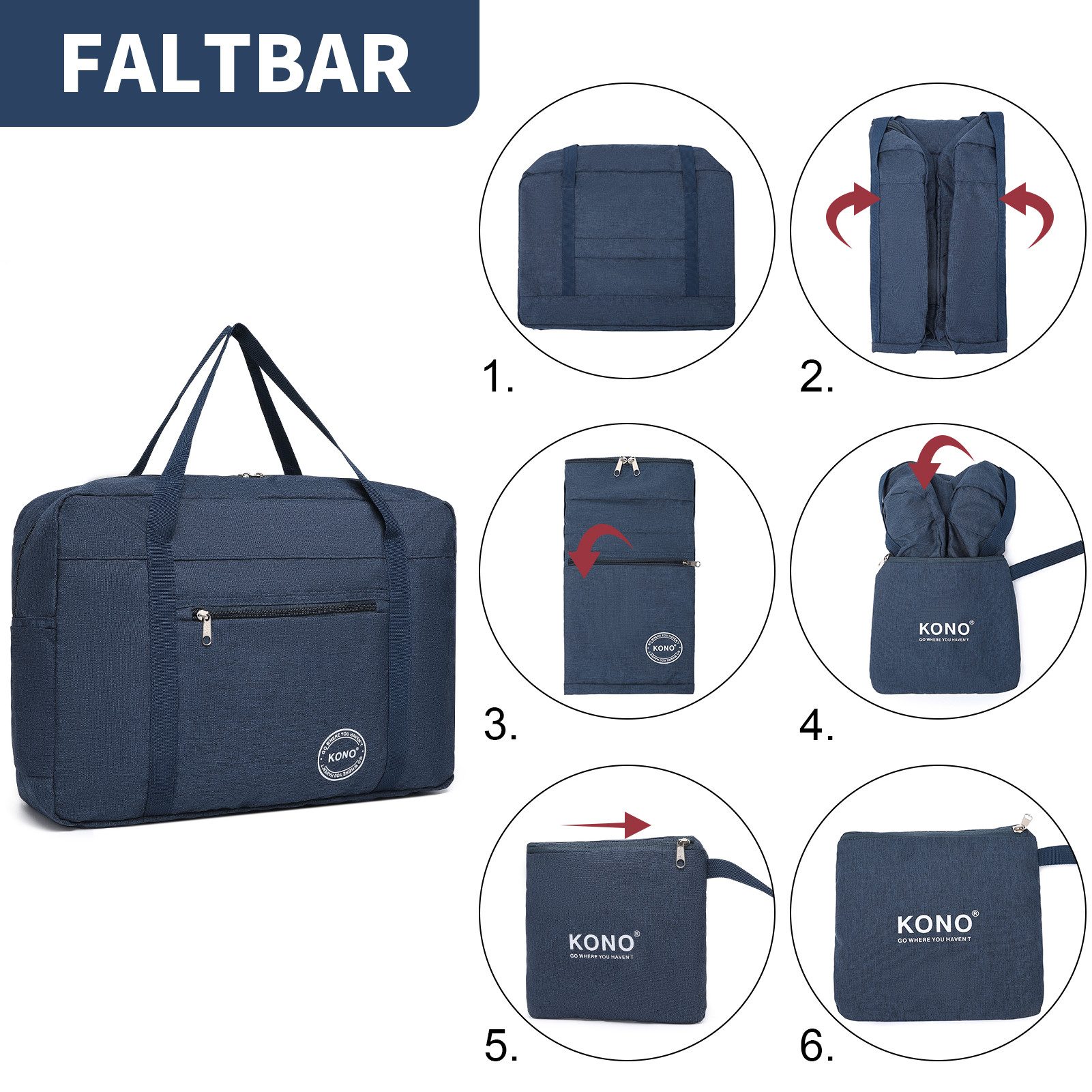 KONO Reisetasche Faltbar Damen Handgepäck Tasche Wasserdicht