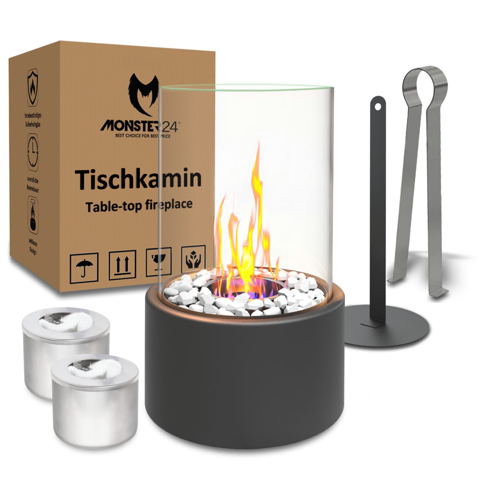 Monster24 Tischfeuer Bio-Ethanol Tischkamin für Indoor & Outdoor, Echtfeuer-Dekokamin (Höhe 26 cm / Durchmesser 16 cm) Anthrazit dunkel