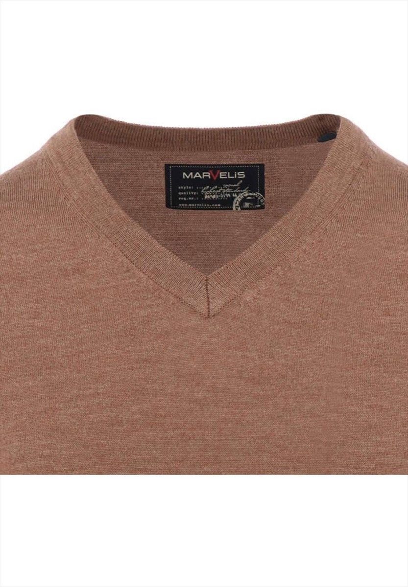 MARVELIS V-Ausschnitt-Pullover Pullover - Merino - Casual Fit - V-Ausschnitt - Einfarbig - Braun (1-tlg)