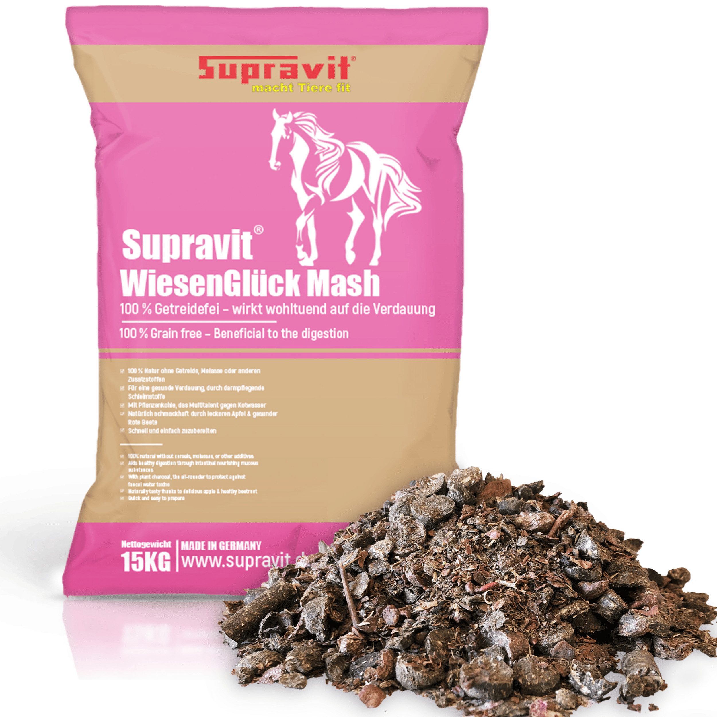 Supravit WIESENGLÜCK getreidefreies Mash 15kg - 100% melassefreies Pferdefutter MASH, Ergänzungsfutter für: Pferd