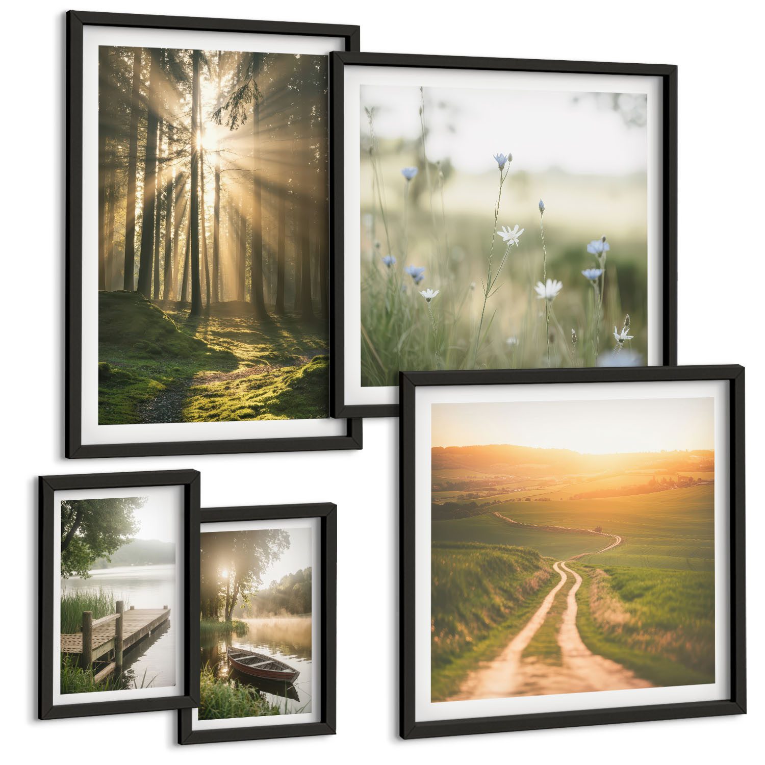 Tulup Mehrteilige Bilder Bilder-Set 5-teilig mit Waldlandschaften und Sonnenstrahlen, Waldlandschaften, Sonne, Wasser, Grün
