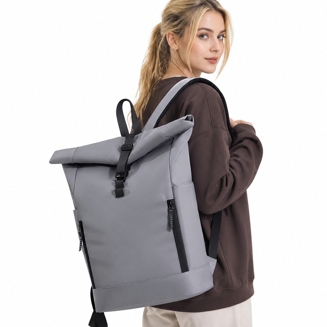 Toomoke Cityrucksack Rolltop Rucksack mit Laptopfach 15,6 Zoll, Unisex Rucksack,Grau (für Büro, Studium und Reisen, Damen & Herren Daypack Freizeitrucksack, Tourenrucksack, Schulrucksack), wasserabweisender Rucksack,43x29x16 cm