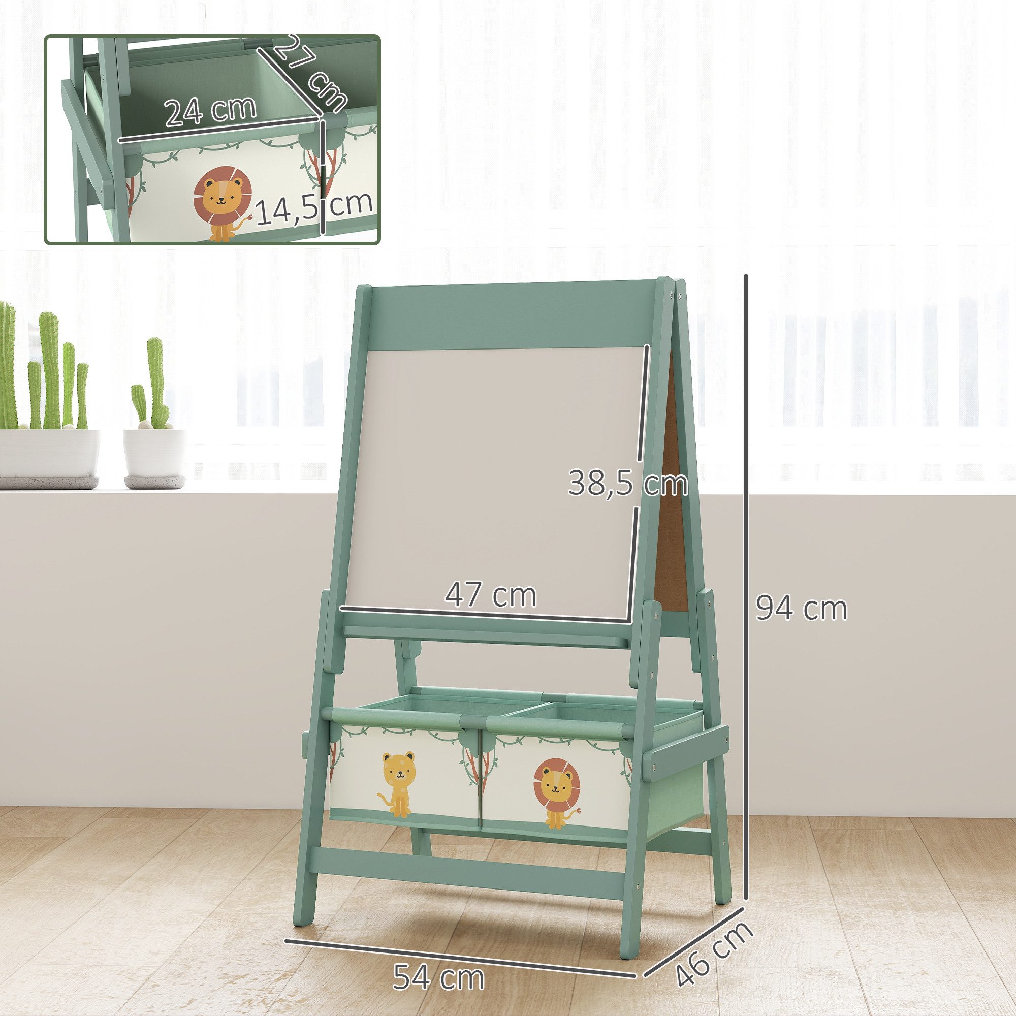 AIYAPLAY Tafel mit Kreidetafel, Whiteboard, Papierrolle, 2 Aufbewahrungsboxen, (3 in 1 Kindertafel, 2-tlg., Kinder Staffelei), mit Löwen- und Tigermotiv, für Kinder 3-8 Jahre Grün