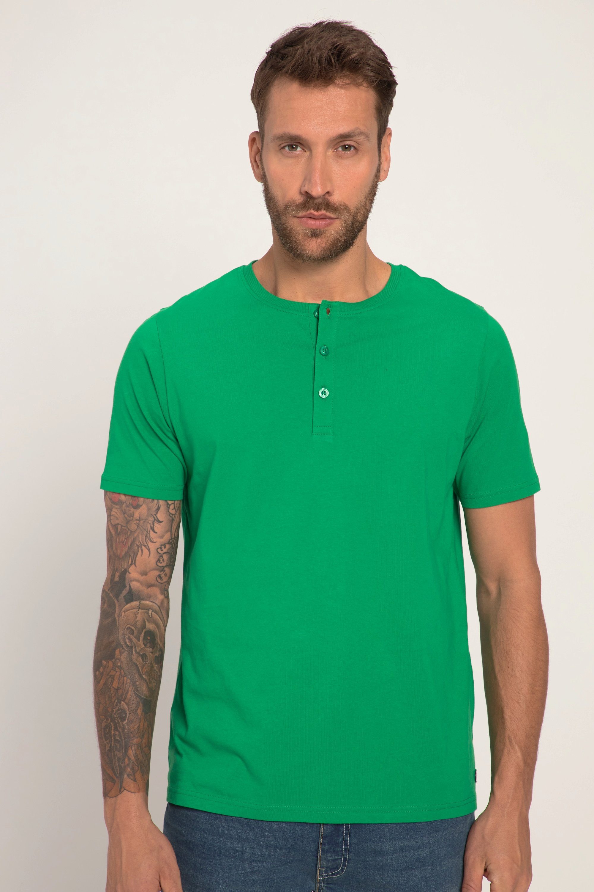 JP1880 T-Shirt Henley Basic Knopfleiste Halbarm smaragdgrün