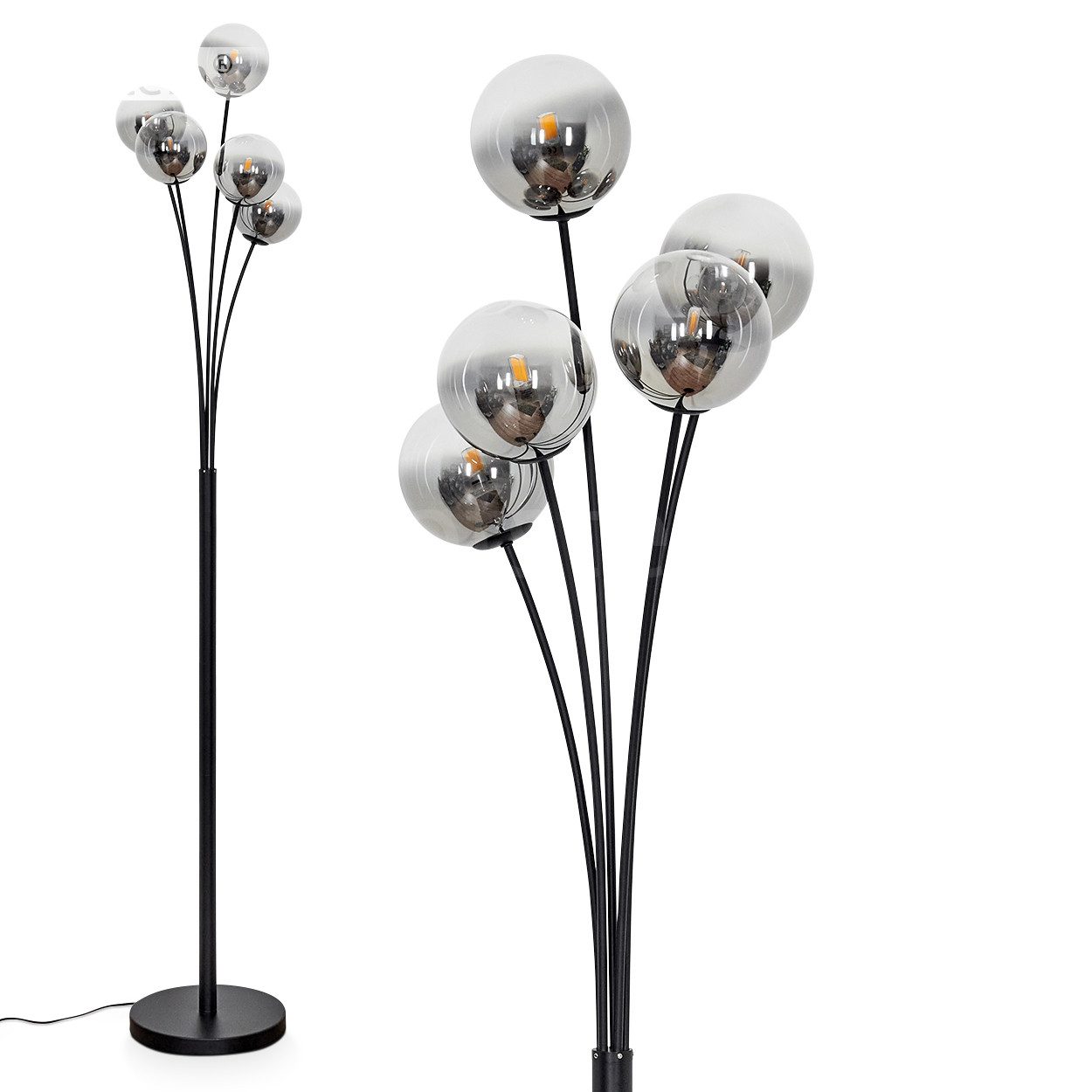 hofstein Stehlampe dimmbare Stehlampe aus Metall/Glas in Schwarz/Rauchfarben/Klar, ohne Leuchtmittel, Standleuchte Glaskugeln Ø12cm, dimmbar, 5xG9, ohne Leuchtmittel