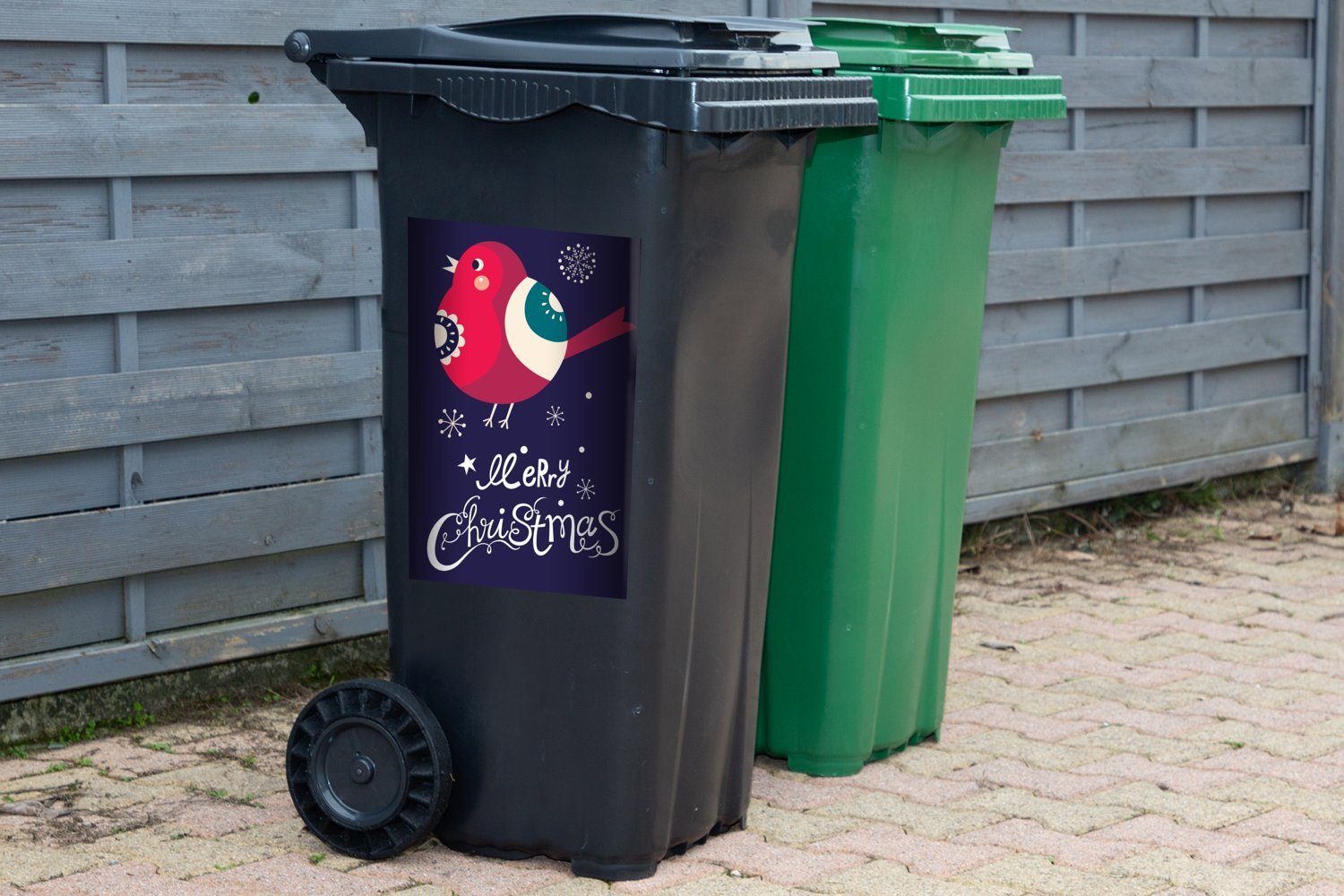 MuchoWow Abfalbehälter - Weihnachten - Sticker, Wandsticker Container, Weihnachten (1 St), Frohe Mülltonne, Vogel Schnee - Mülleimer-aufkleber,
