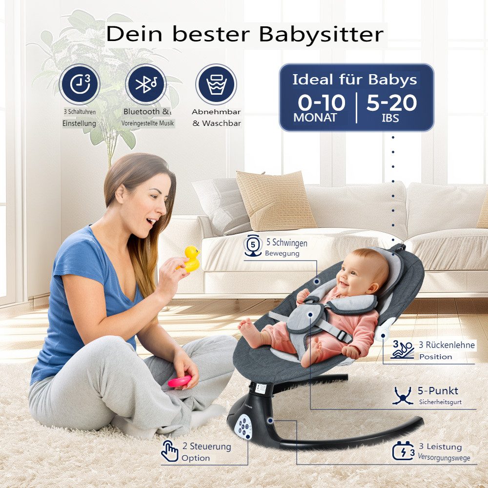 Insma Babyschaukel 5 Gang Elektrische bluetooth-Babywippe, mit 10 Liedern und Fernbedienung, 3x Spielzeug, Batteriekompatibel