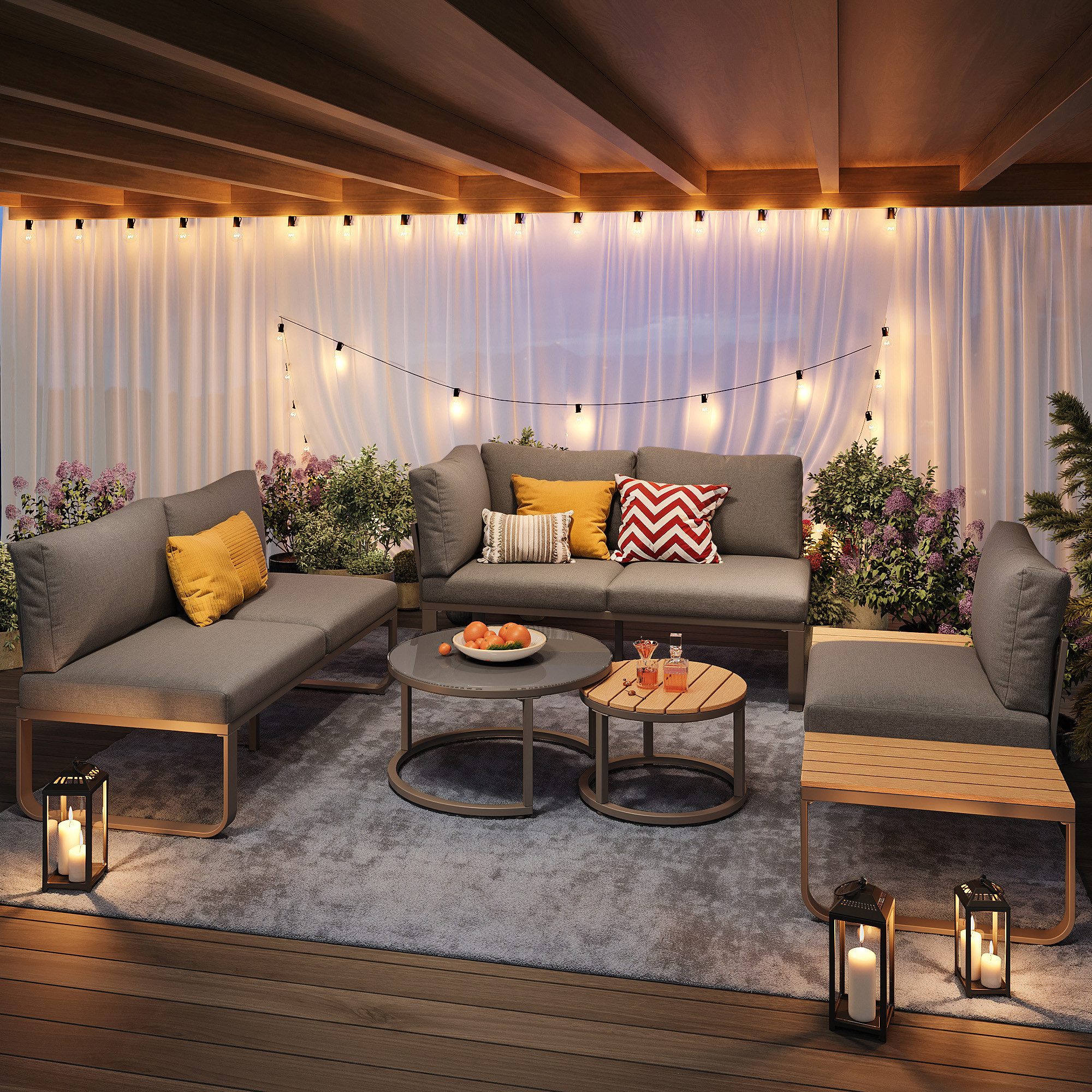 REDOM Gartenlounge-Set Modernes Gartenmöbelset,mit verzinktem Eisengestell, (für 4-5 Personen – Bequeme Sofas mit grauen Kissen, 2 stapelbare Couchtische, verzinkter Eisenrahmen, verstellbare Füße), mit Relaxfunktion