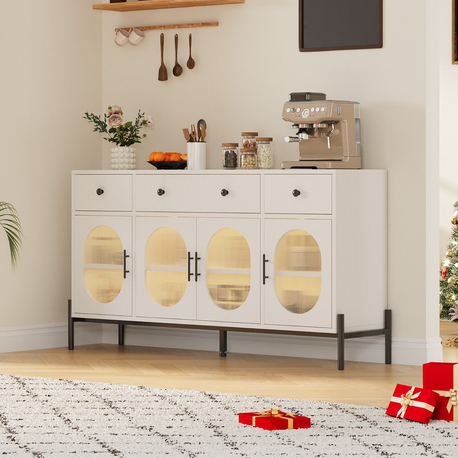 GarveeMore Anrichte Großes 158 cm Sideboard mit Stauraum, Kombikommode, Lowboard, Kommode, Schubkastenkommode mit 3 Schubladen und verstellbaren Einlegeböden