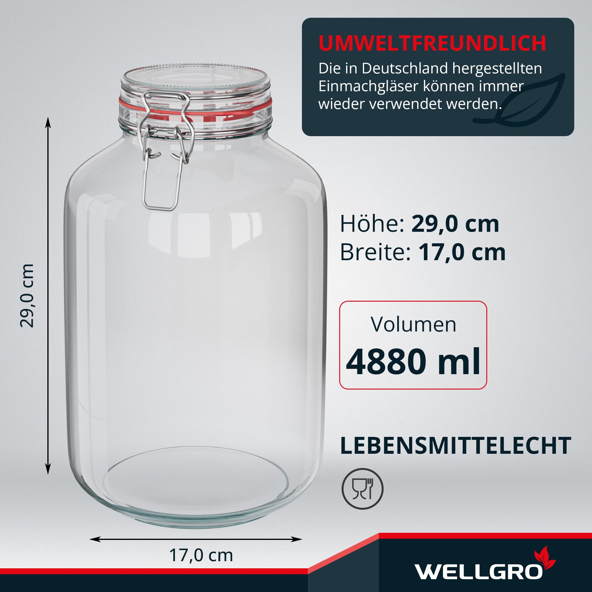 Wellgro Vorratsglas Einmachgläser mit Bügelverschluss rund, Fermentierglas, (1-tlg)