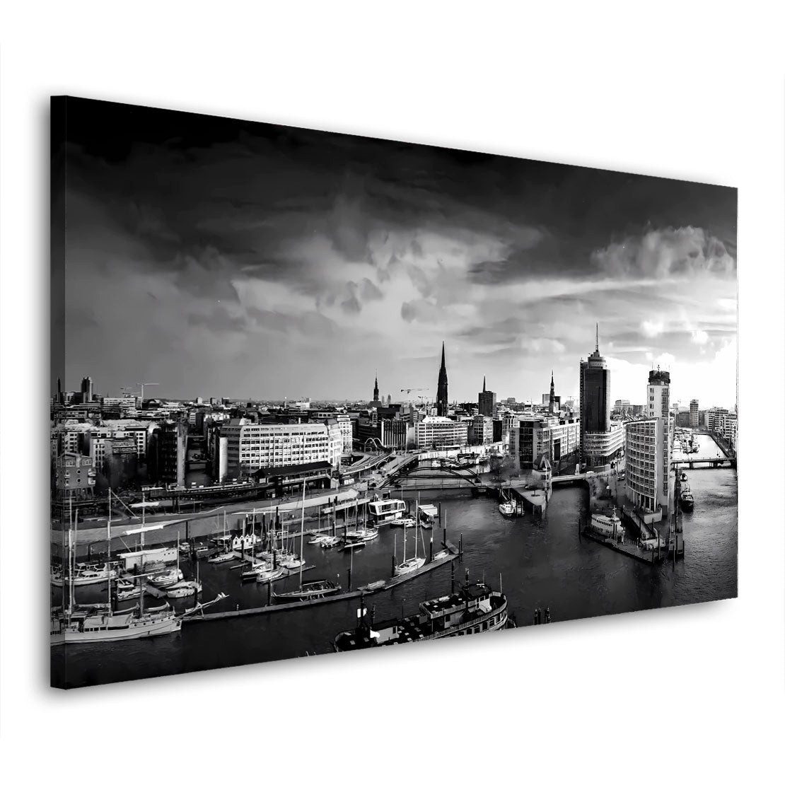 Artedinoi Leinwandbild Hamburg Skyline Hafen schwarz weiss Leinwandbild Wandbild Kunstdruck