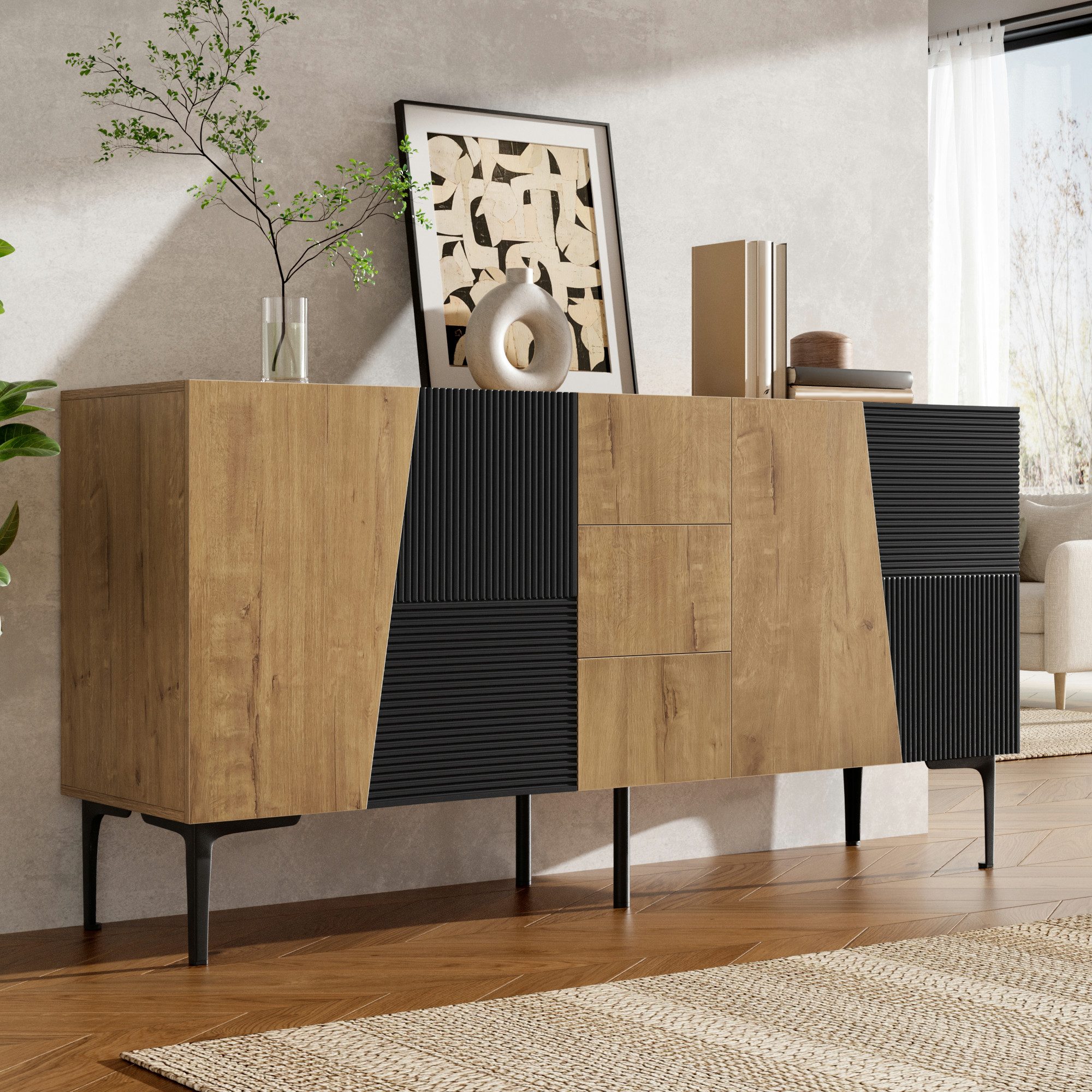 Flieks Kommode Sideboard mit 4 Türen und 3 Schubladen in Holzoptik, Eisenbeinen (160x40x80 cm, 1 St., Multifunktionsschrank für Wohnzimmer, Schlafzimmer, Esszimmer), Mehrzweckschrank mit verstellbarer Einlegeböden Natur&Schwarz
