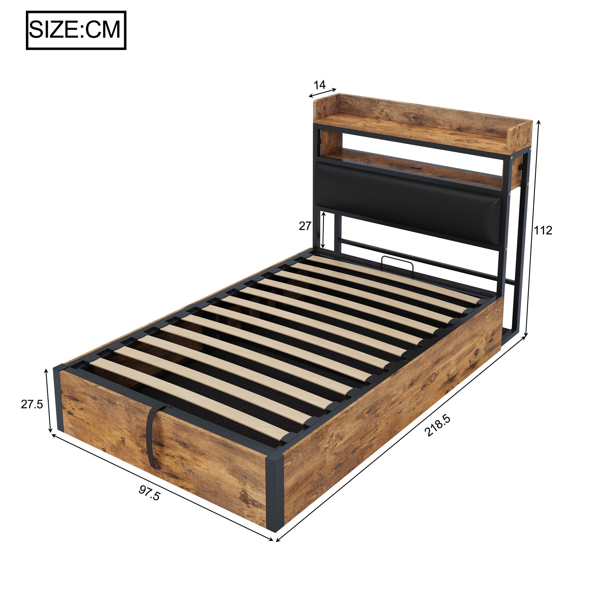 HAUSS SPOLE Polsterbett 90x200cm mit hydraulischem Hubmechanismus, USB, Stauraum Schwarz (mit hydraulischem Stauraum, USB-Anschlüssen, gepolstertem Kopfteil und Retro-Design aus Holz & Metall, ideal für moderne Schlafzimmer und Apartments 90x200 cm), ohne Matratze