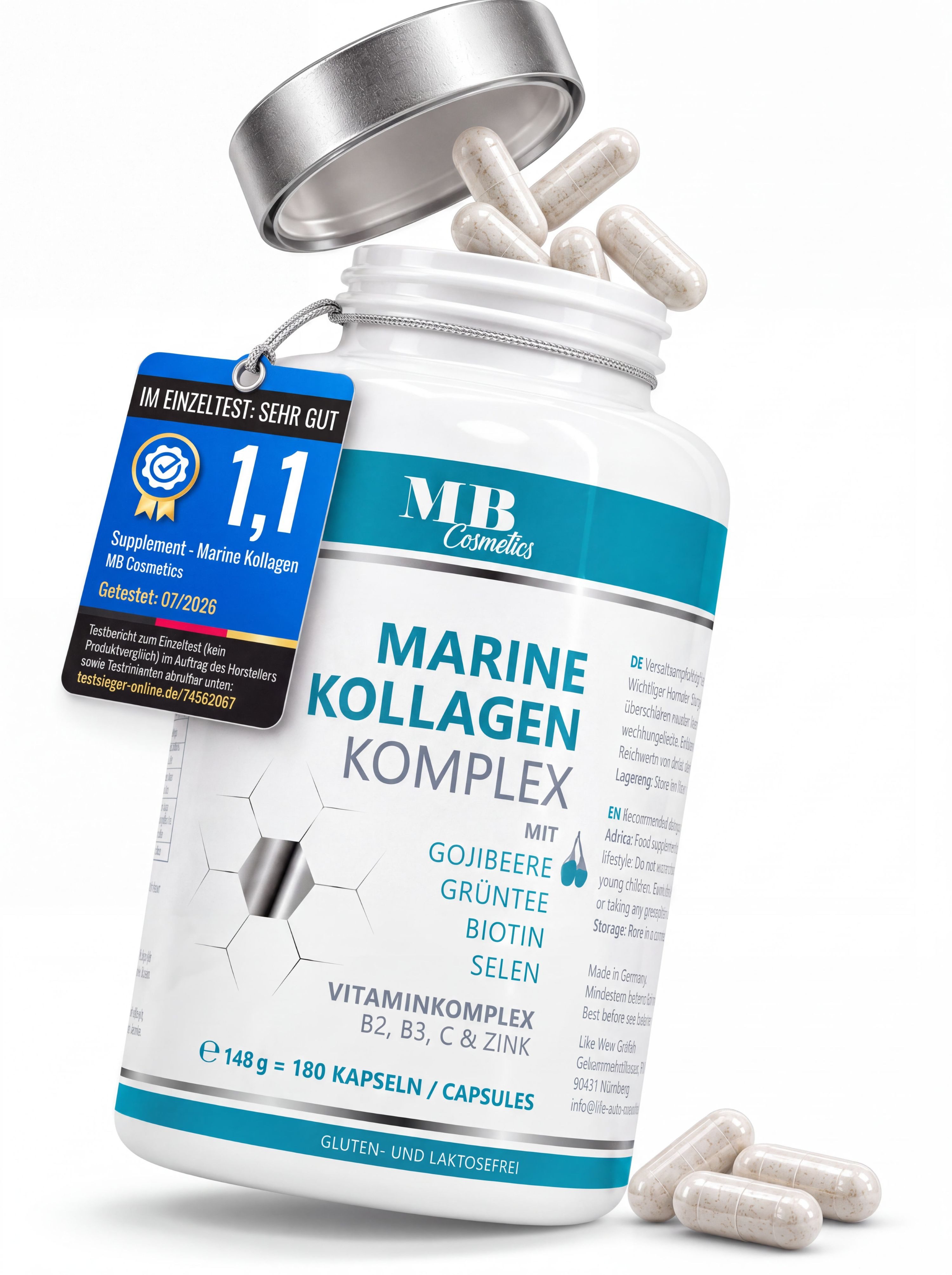 Medical Beauty Cosmetics Marine Kollagen Komplex - 1.200 mg (Peptan F) mit Vitamin C, 180 Kapseln, 1 er Packung à 148 g, Premium Marine Kollagen (Peptan F) mit Grüntee & Selen