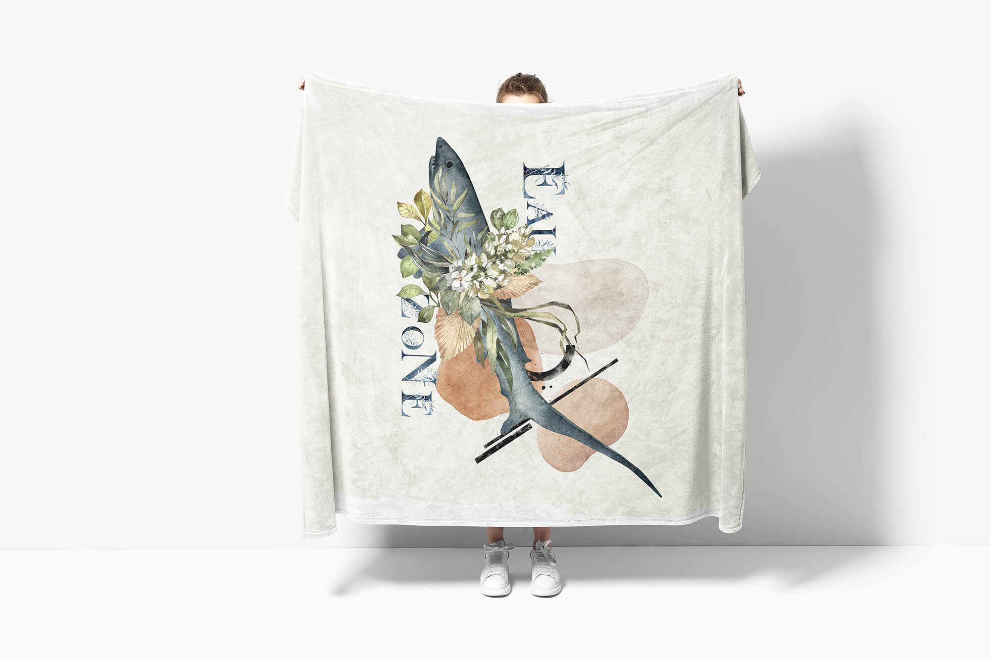 Handtuch Saunatuch Ozean Motiv, Handtücher Art (1-St), Sinus Blumen Baumwolle-Polyester-Mix Kunstvoll Strandhandtuch Kuscheldecke Hai Handtuch