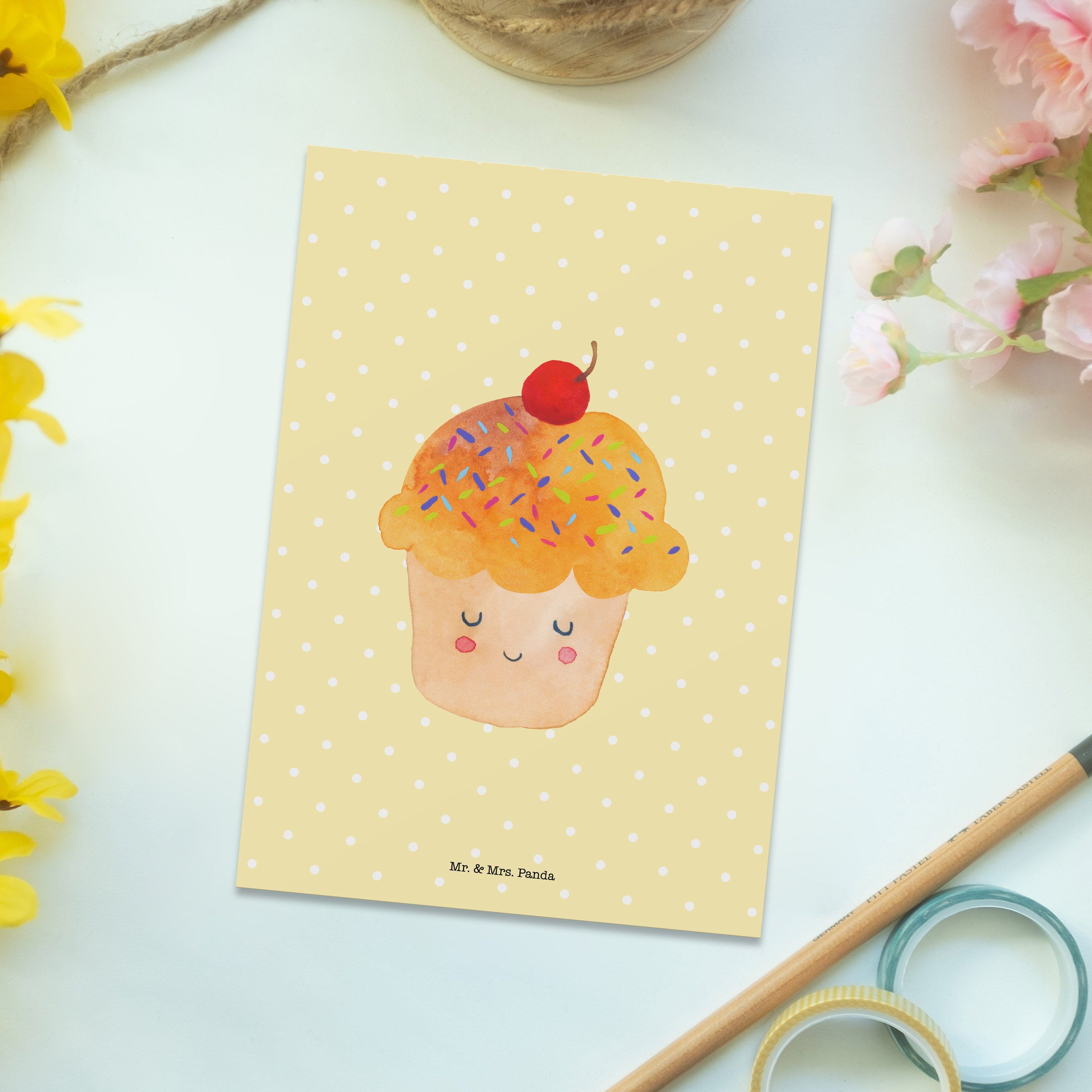 Mr. & Mrs. Panda Postkarte Cupcake, Postkarte, Gelb Pastell, Ansichtskarten, Grußkarte, Lustige, Wunder Designkarte kunstkarte