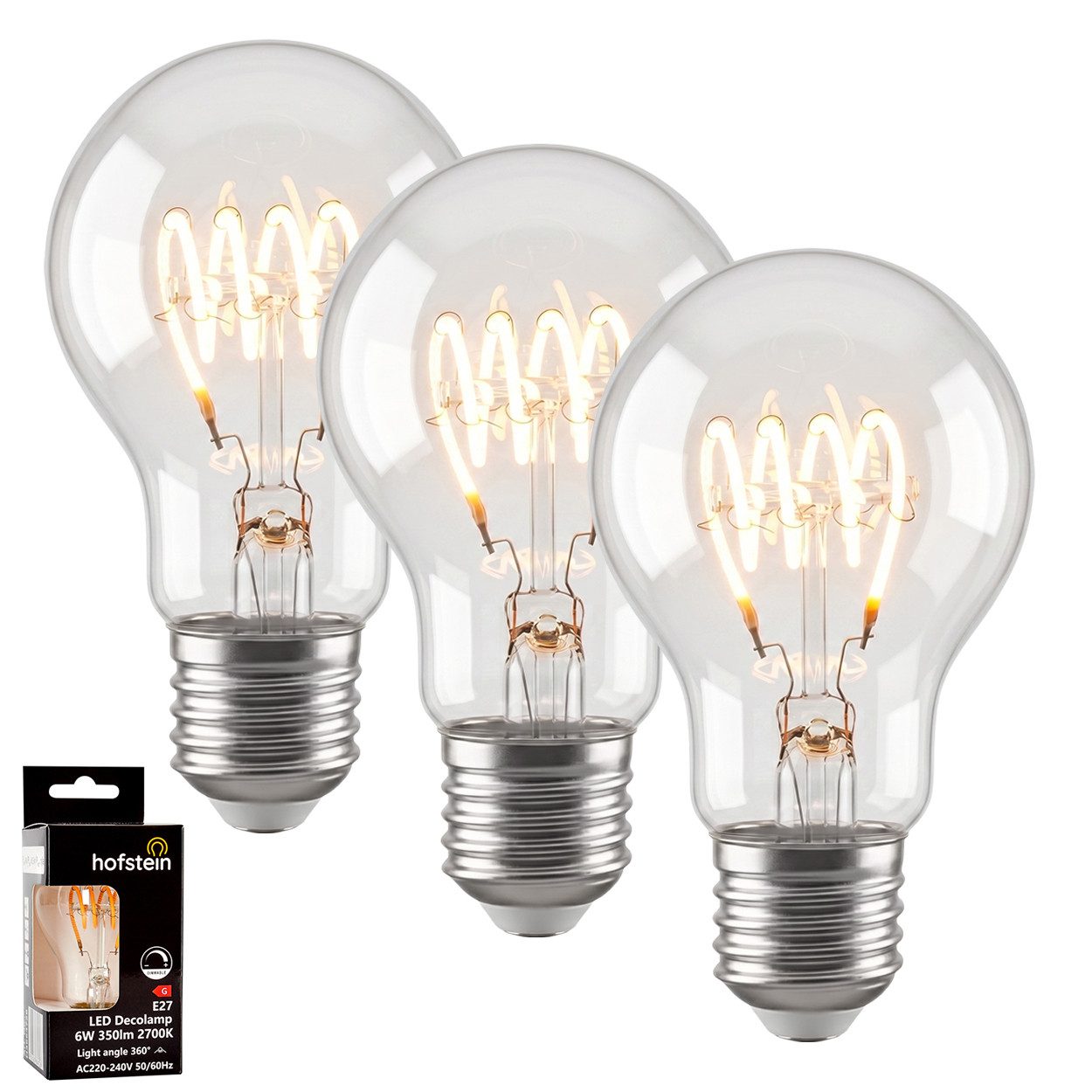 hofstein LED-Leuchtmittel 3er Set Glühbirne Warmweiß dimmbar 6 Watt, E27, 2700 Kelvin, 350 Lumen, Klassisch, Filament Spirale, Klar