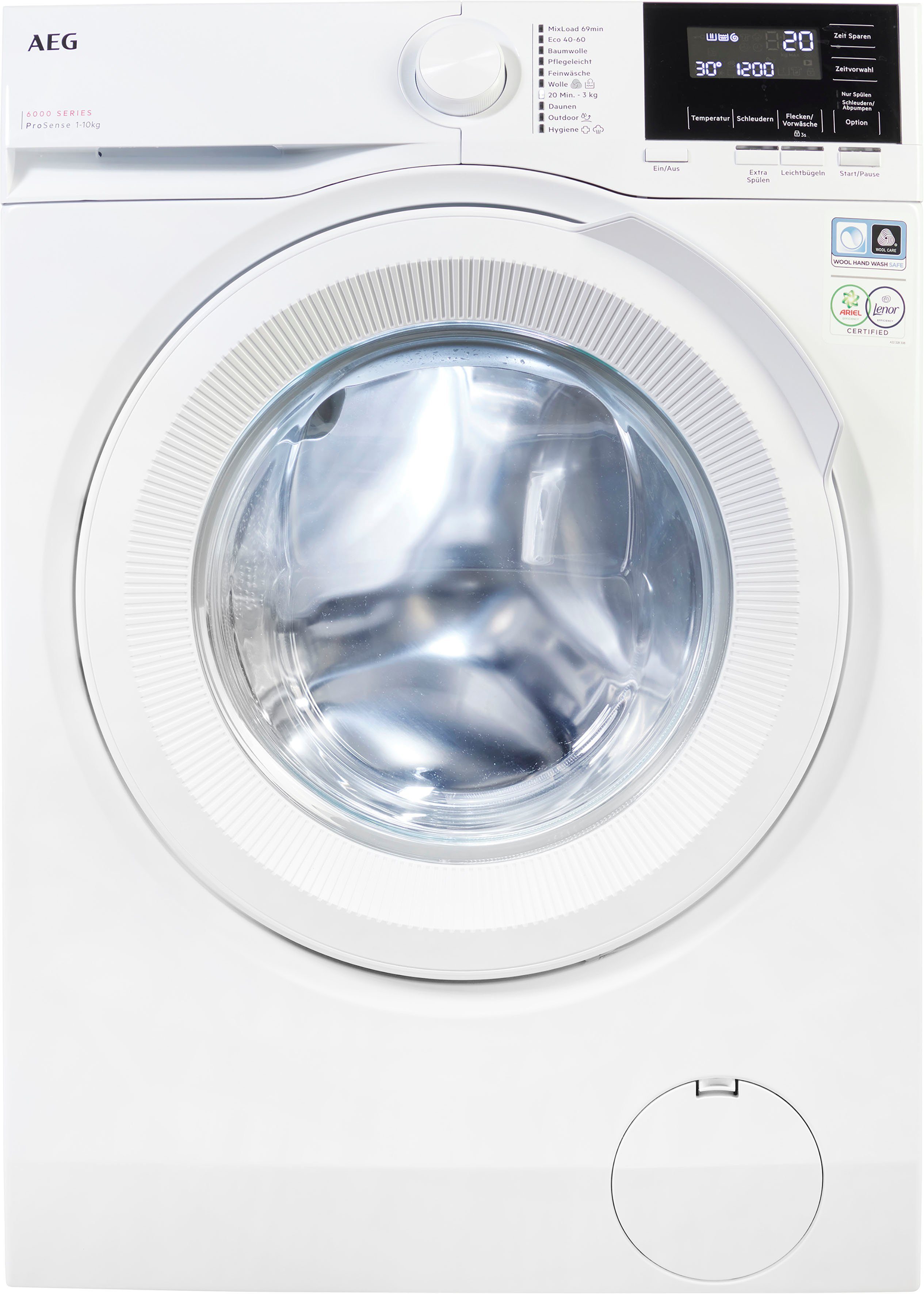 Waschmaschine ProSense® 6000 Zeit, kg, 1400 bis und LR6F60400, 40% AEG Energie Wasser - spart Mengenautomatik​ 10 U/min,