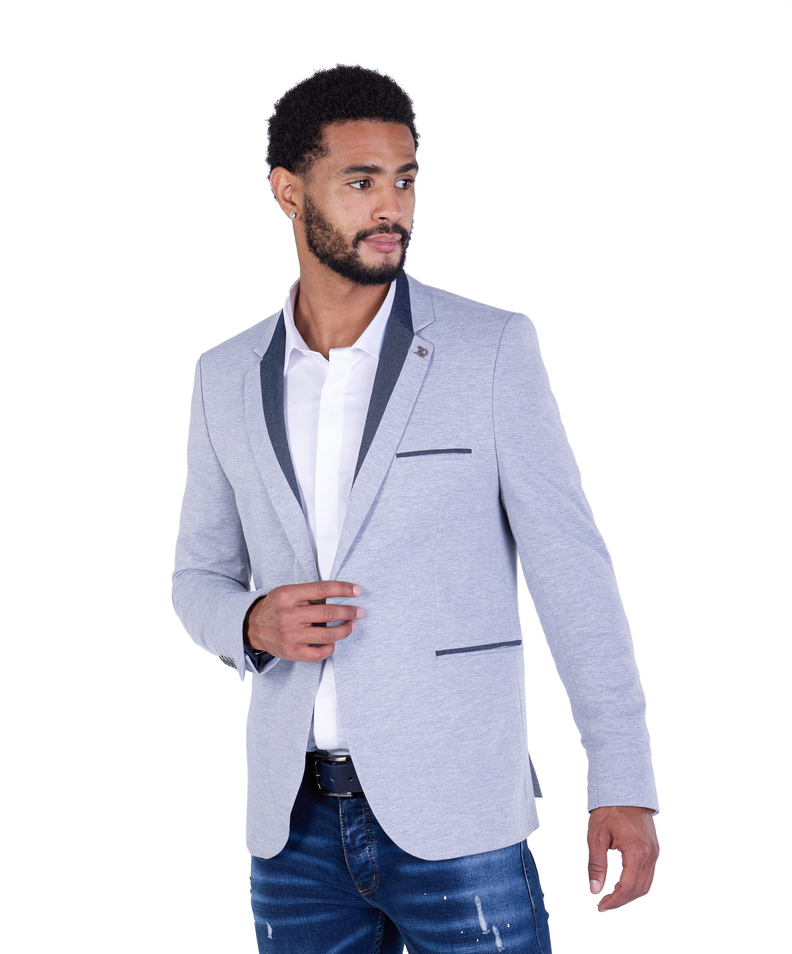 Denim Distriqt Jerseysakko Sportliches Jersey Sakko mit Jeanskragen Grau Gr günstig online kaufen