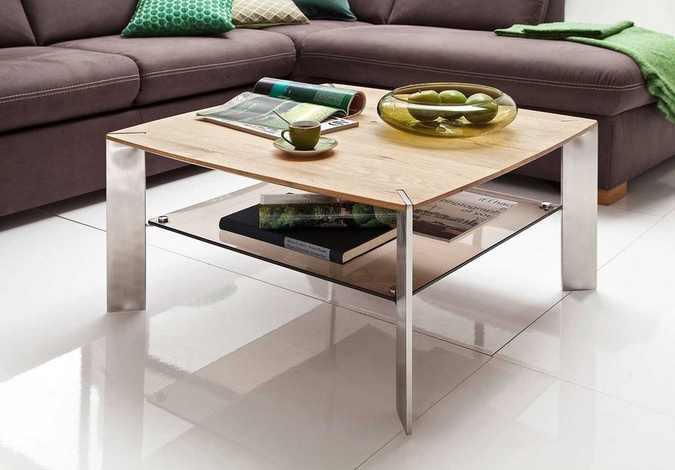 MCA furniture Couchtisch Nelia (Wohnzimmer Tisch quadratisch, 80x80 cm,  Tischbeine Edelstahl), Asteiche massiv, mit Ablage aus Glas, bronziert,  Ablageflächen für Fernbedienungen