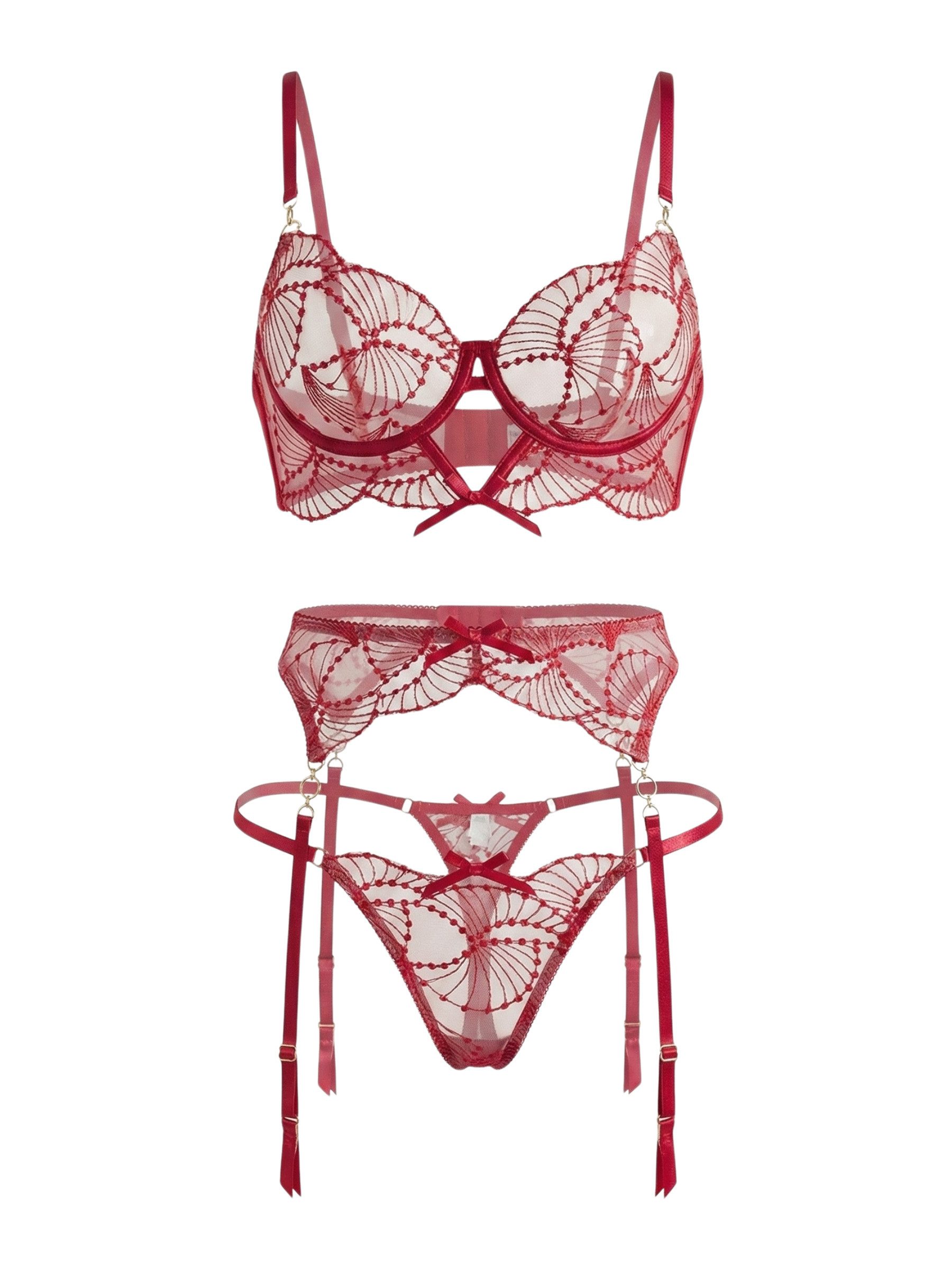 Elegant Love Set: Bügel-BH Dessous-Set mit Stickerei und Strapshaltern – elegante Lingerie (Set, 3-tlg., BH, Tanga, Strumpfgürtel) Damen Unterwäsche Set – stilvolle Reizwäsche aus Spitze