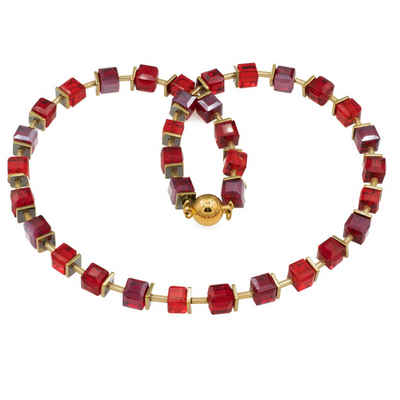 Bella Carina Perlenkette Glaswürfel Kette mit Hämatit Scheiben rot