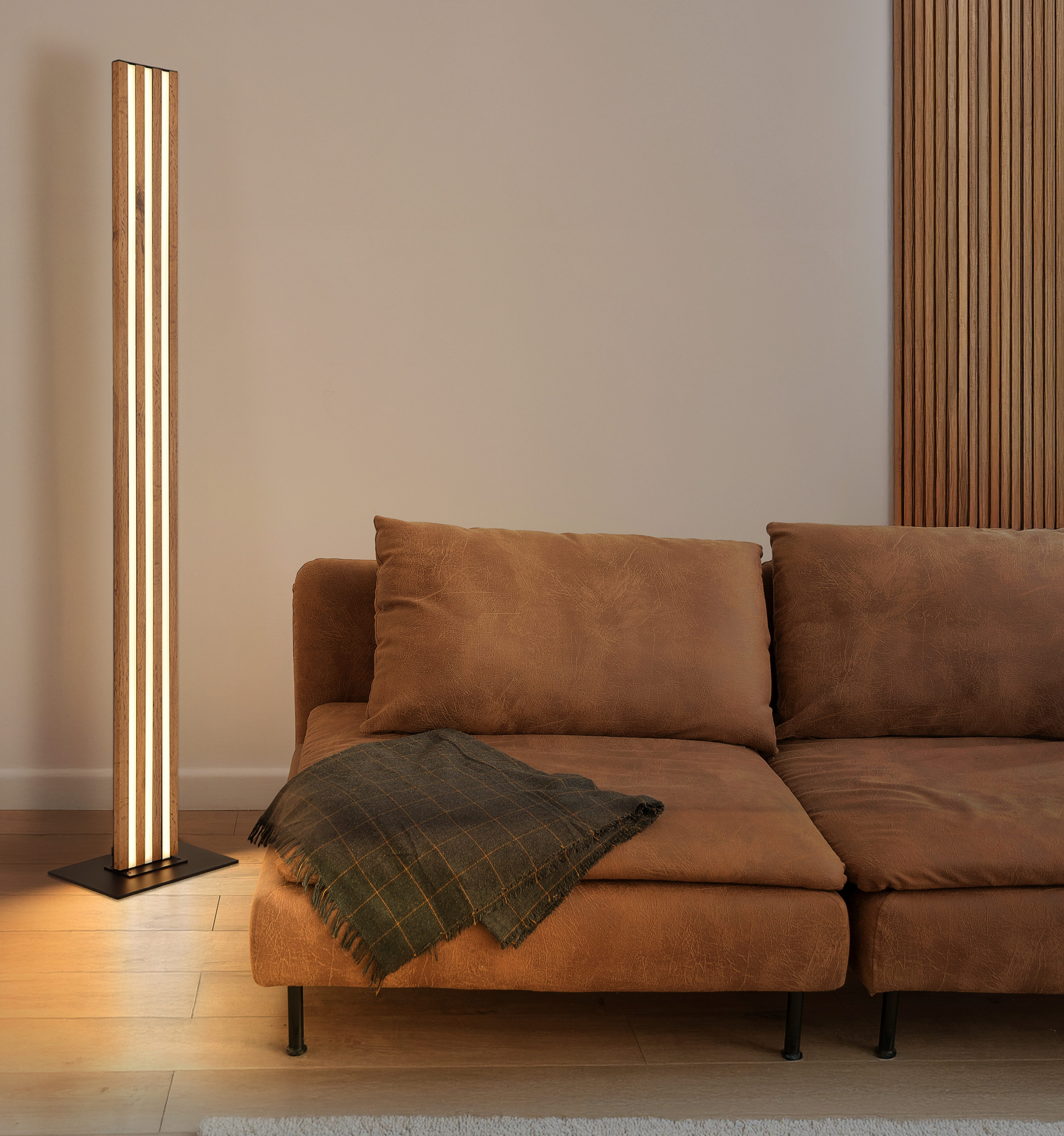 GLOBO LIGHTING Stehlampe HAYDEN, LED fest integriert, Warmweiß, Stehleuchte schwarz & Holzoptik, Fußtrittschalter, warmes Licht