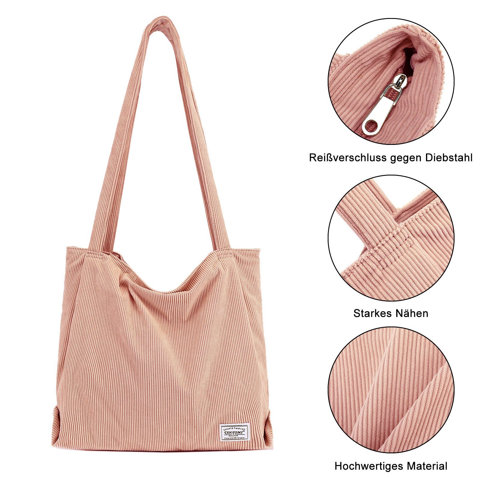 Henkeltasche Hellrosa Handtasche, Tasche Cordtasche TAN.TOMI Damenhandtasche, mit Reißverschluss-Einkaufstasche Damen,