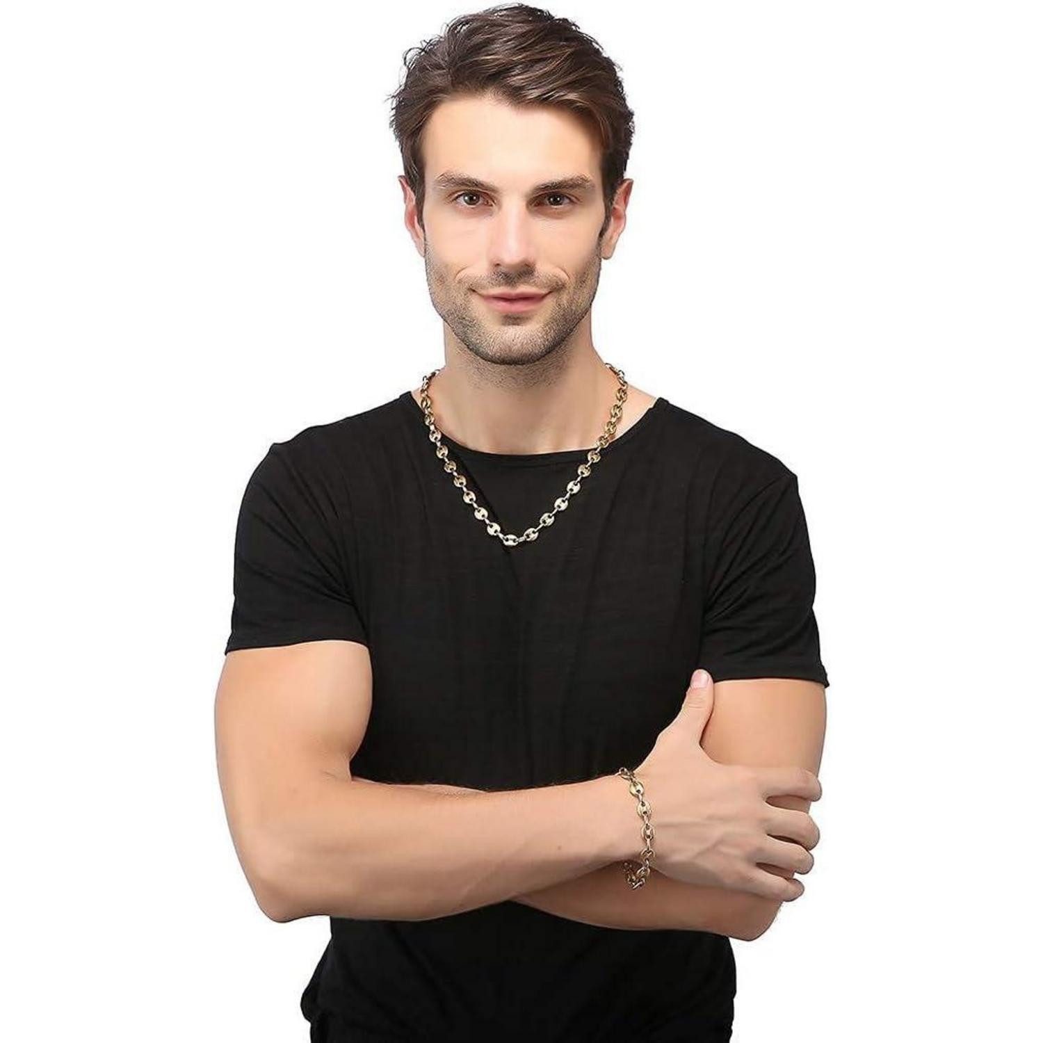 LuxusKollektion Ketten und Armband Set Halskette Herren Edelstahl Kaffeebohne Armband Set Hip Hop – Bild 3 von 5