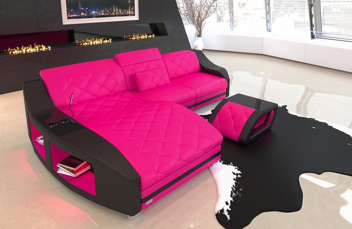 Sofa Dreams Ecksofa Leder Sofa Couch Swing L Form Ledersofa, mit LED,  wahlweise mit Bettfunktion als Schlafsofa, pink-schwarz