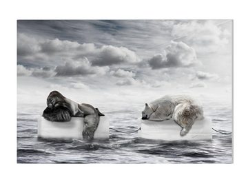 wandmotiv24 Leinwandbild Gorilla & Eisbär auf Eis, Meer, Klima, Tiere (1 St), Wandbild, Wanddeko, Leinwandbilder in versch. Größen