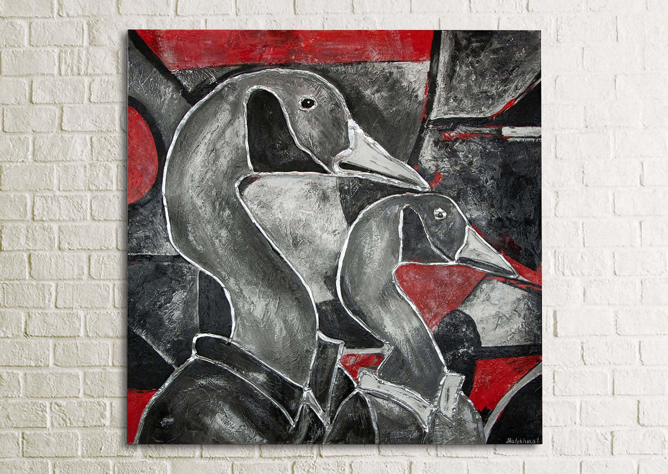 Leinwand Gemälde II, Gans Glasmalerei Tiere Tiere, Rot Schwarz Handgemalt YS-Art Bild