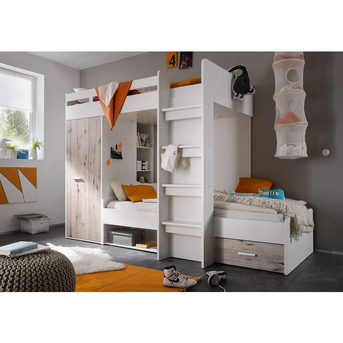 Kindermöbel 24 Etagenbett Etagenbett Nils weiß-grau inkl Kleiderschrank + Zubehör YN10348