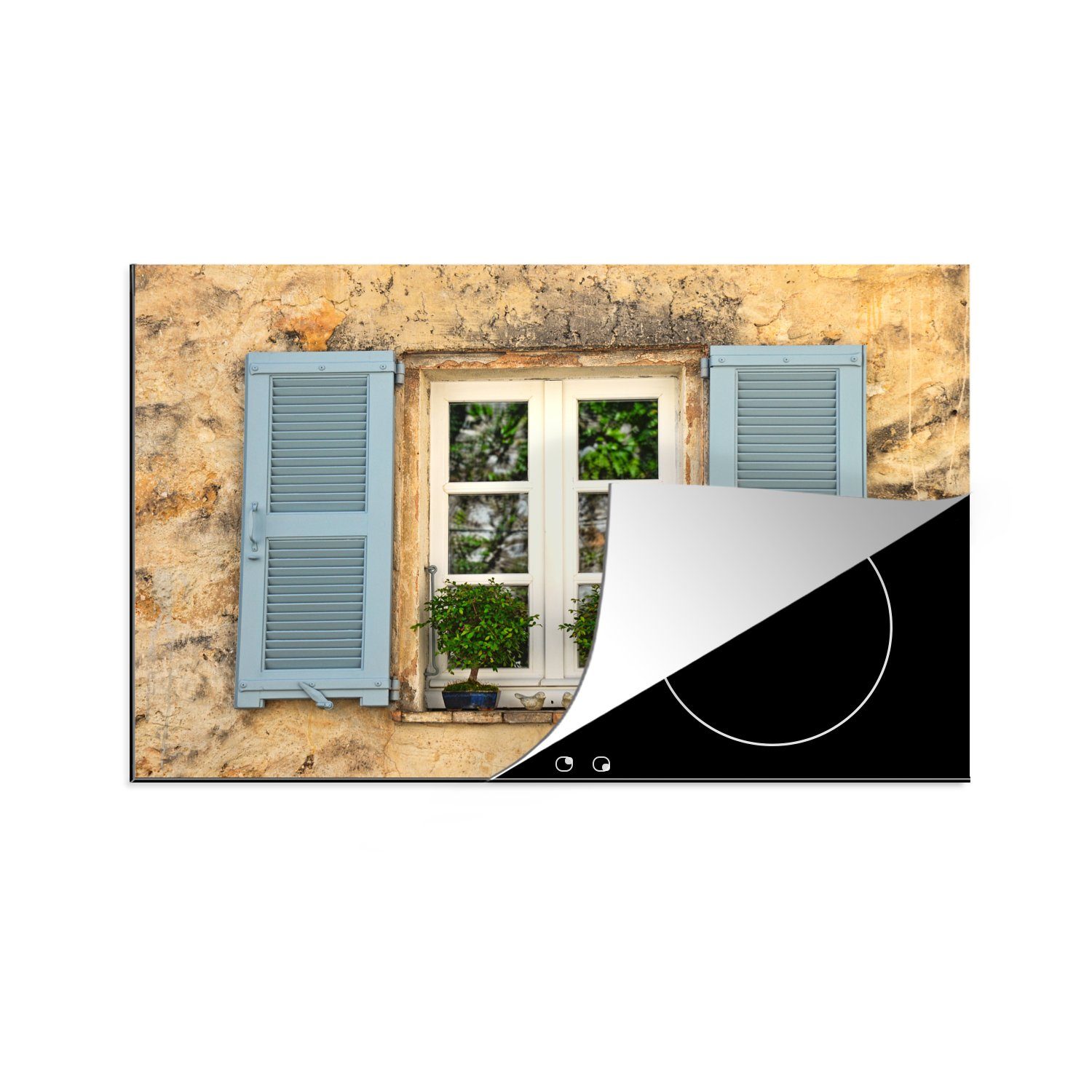 MuchoWow Herdblende-/Abdeckplatte Alte Mauer mit blauen Fensterläden, Vinyl, (1 tlg), 81x52 cm, Induktionskochfeld Schutz für die küche, Ceranfeldabdeckung