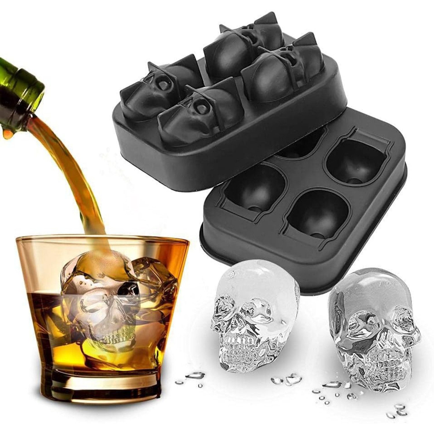 Geschenkehöhle Eiswürfelform 3D Totenkopf für erfrischende Eiswürfel - Eiswürfelbehälter mit Deckel, Langlebig, spülmaschinenfest, auffällig – Skull Form mit Wow-Effekt