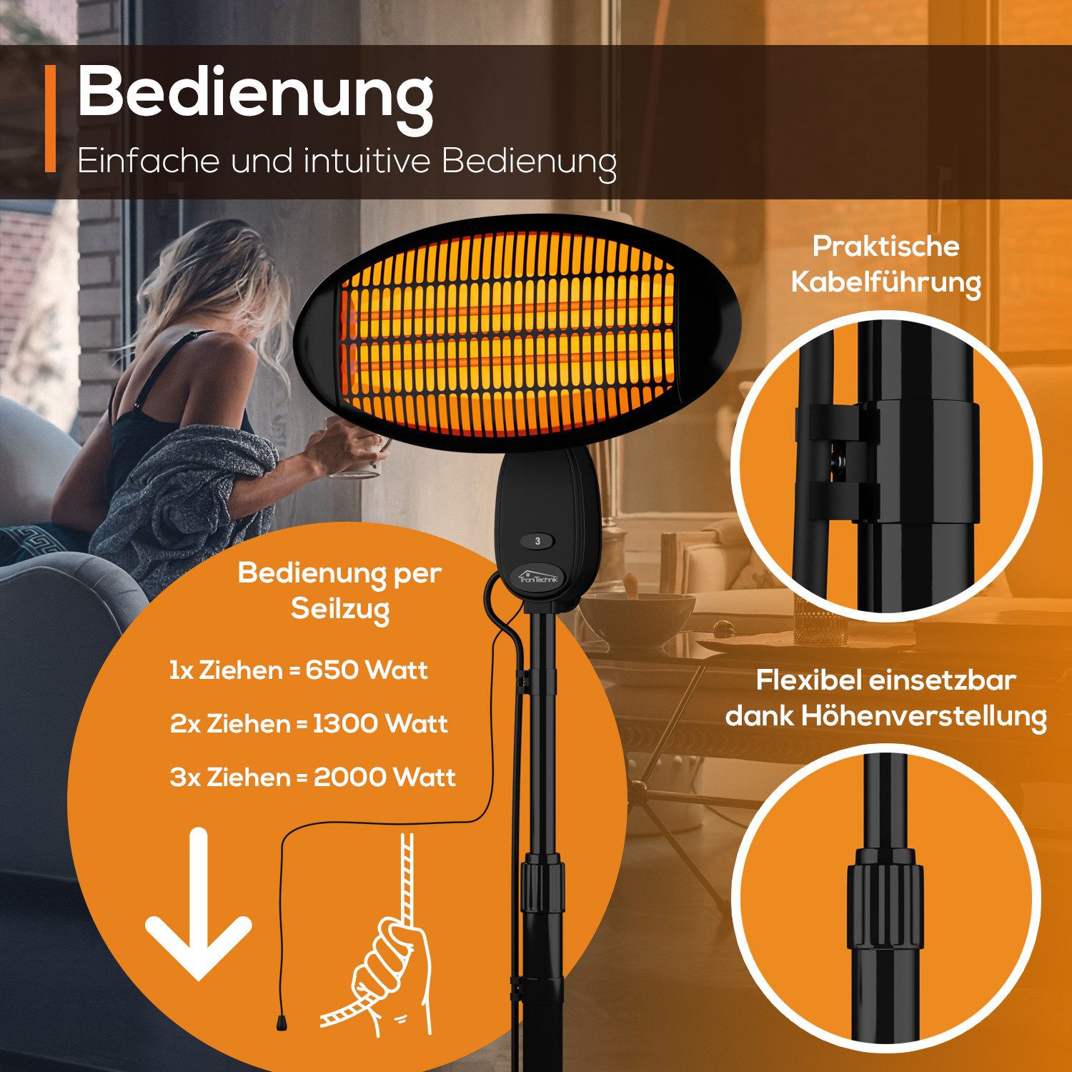 TroniTechnik Heizgerät Heizstrahler Standstrahler TH 2020, Wärmelampe, Standfuß, Verstellbar, 2000 W, drei Heizstufen, Überhitzungsschutz und Abschaltautomatik – Bild 4 von 5