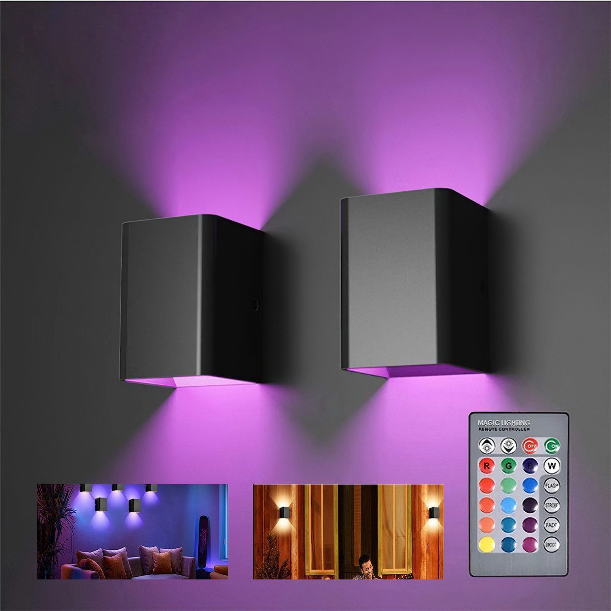 Ophy Wandleuchte 2er-Set LED Wandleuchten für den Innenbereich, RGB-Beleuchtung & Fernbedienung