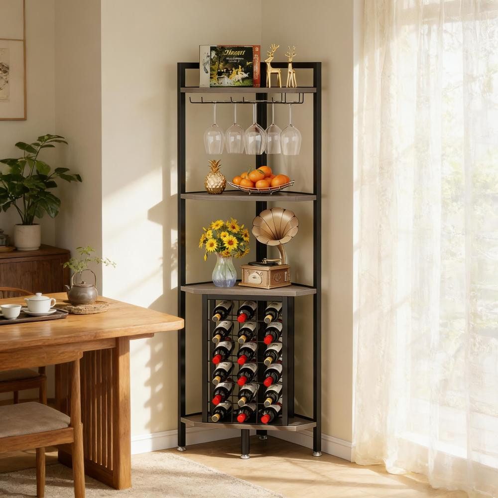 BBWL Weinregal Industrial Stil mit Glashalter, 4-stufiges Freistehendes Weinregal, Eckweinregal aus MDF & Metall Grau