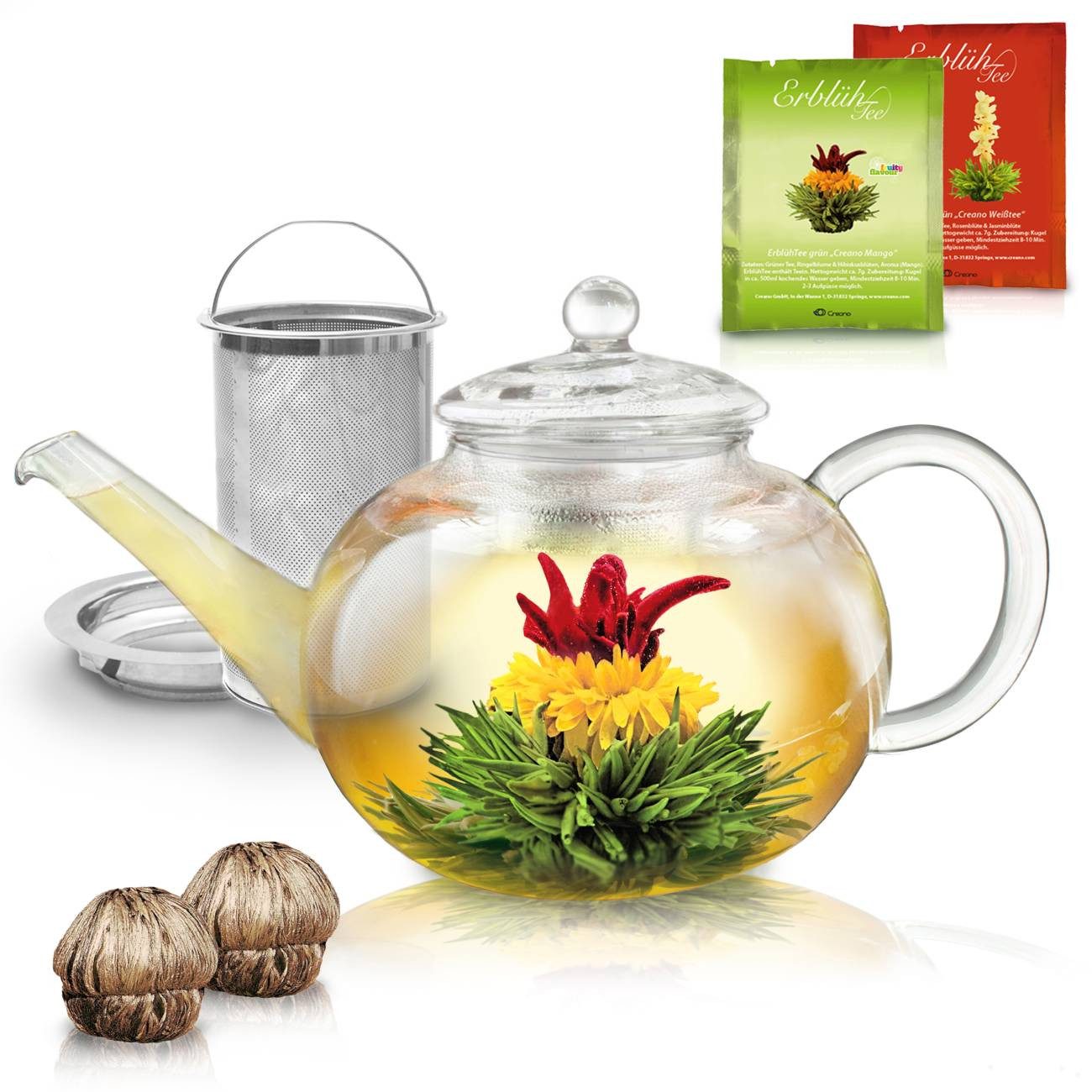 Creano Teekanne Teekanne aus Glas 1,2l - 2 Teeblumen - mit Edelstahl-Sieb und Deckel