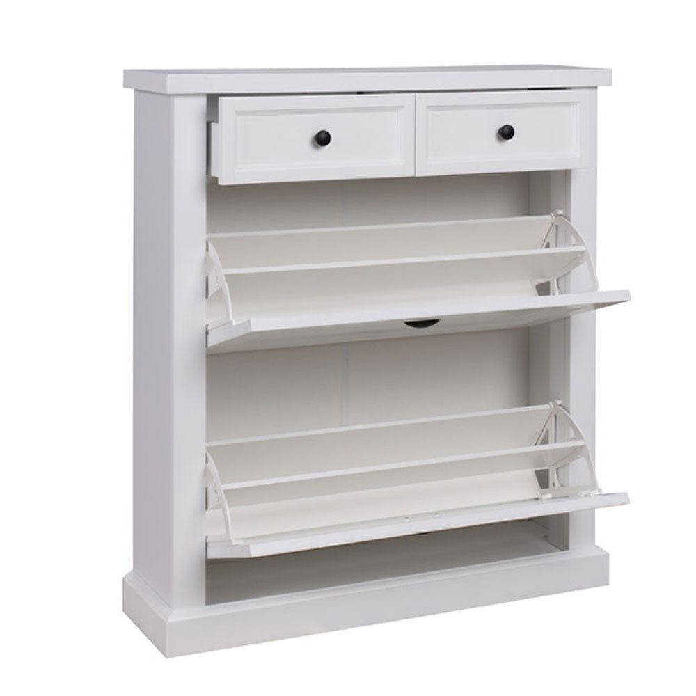 Feldmann-Wohnen Schuhschrank Galineo (1x Schuhschrank, 2x Klappen mit je 2 Fächern, 2x Schubladen, Muschelgriffe & Knopfgriffe, 1-St., Ein praktischer Schuhschrank im Landhaus-Stil) 97,5x27,5x110cm weiß