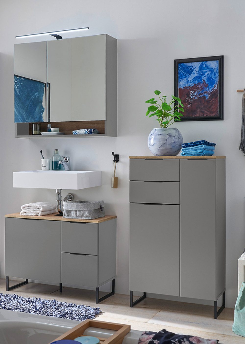 BEGA BBK Badezimmer-Set (3-tlg) in grau matt / Evoke Eiche Dekor - 160x195x35 (BxHxT), (3-tlg., bestehend aus: Waschbeckenunterschrank,Spiegelschrank, Highboard)