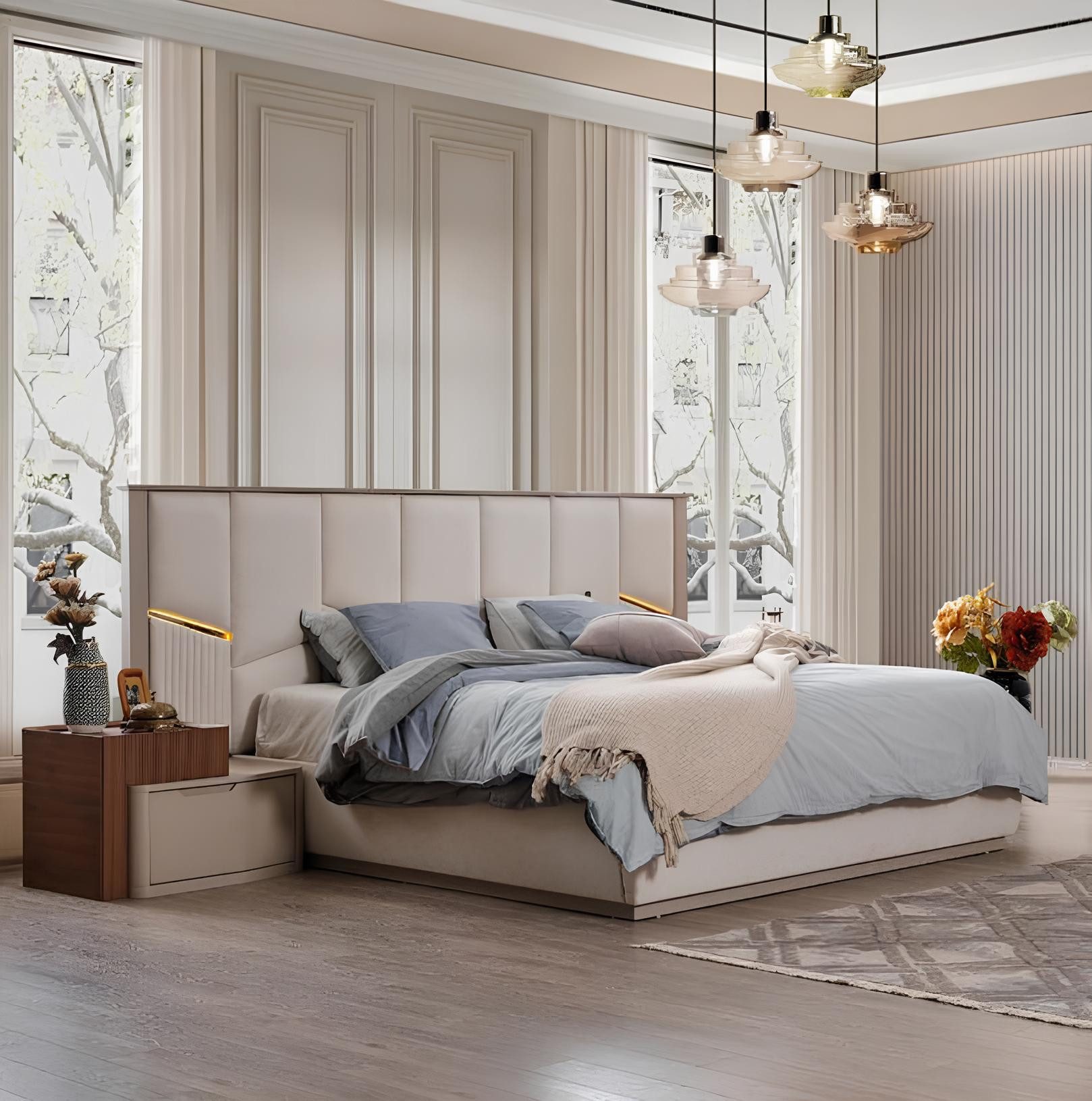 Schlafzimmer-Set Moderne Beige Schlafzimmer Garnitur Luxuriöses Doppelbett