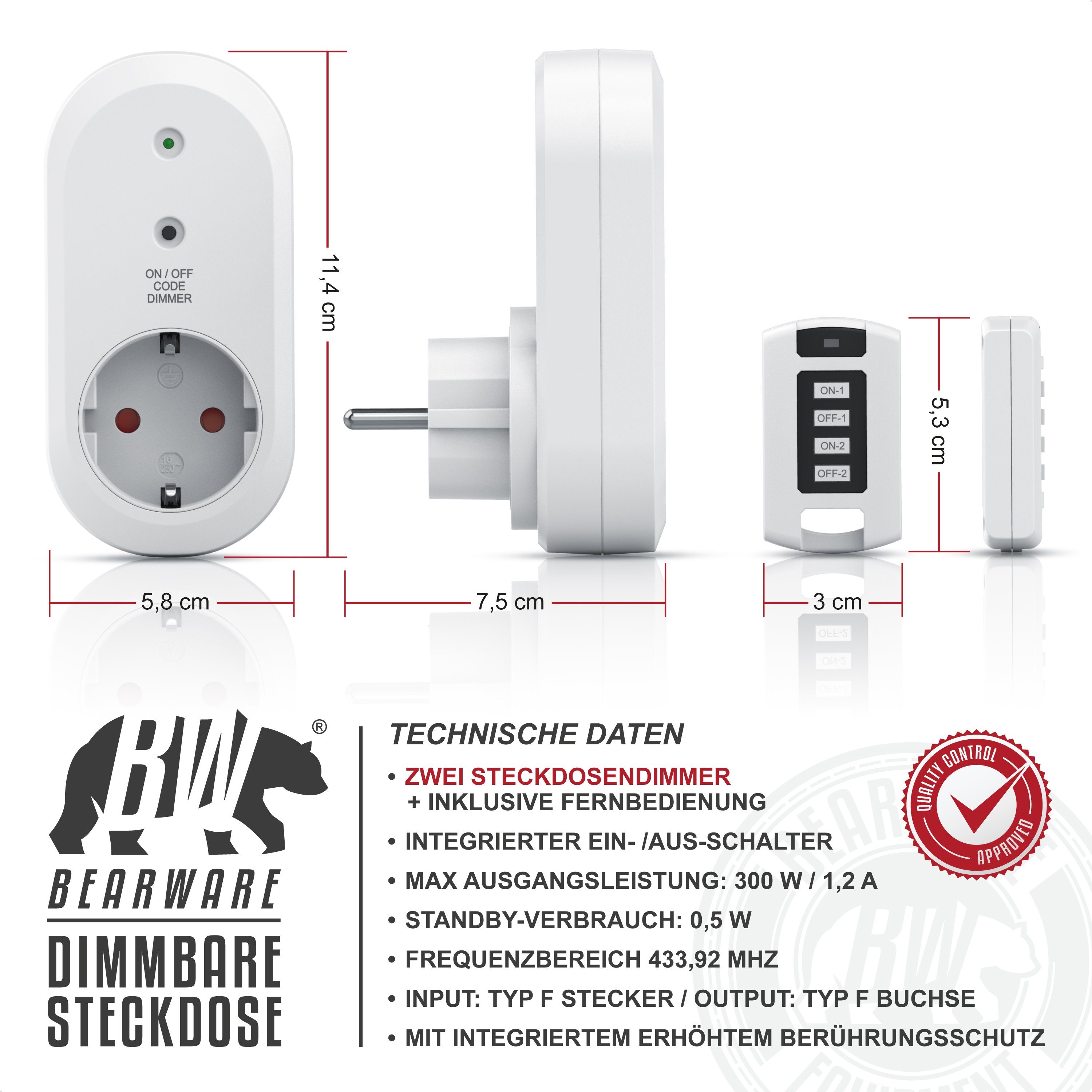 BEARWARE Funksteckdose Dimmbare Funksteckdosen 2er Set mit Fernbedienung für den Innenbereich, Steckdose, LED Statusanzeige, integrierter Berührungsschutz, IP20
