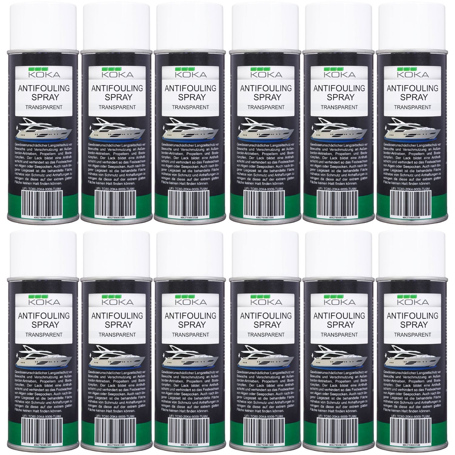 KOKA 12x Antifouling Spray Transparent Bewuchs-Schutz Lackschutz (Dosen, 12 St., 12x 400ml Dose), Langzeitschutz Antihaft-Schicht für Bootsrumpf Rumpf Antrieb Propeller