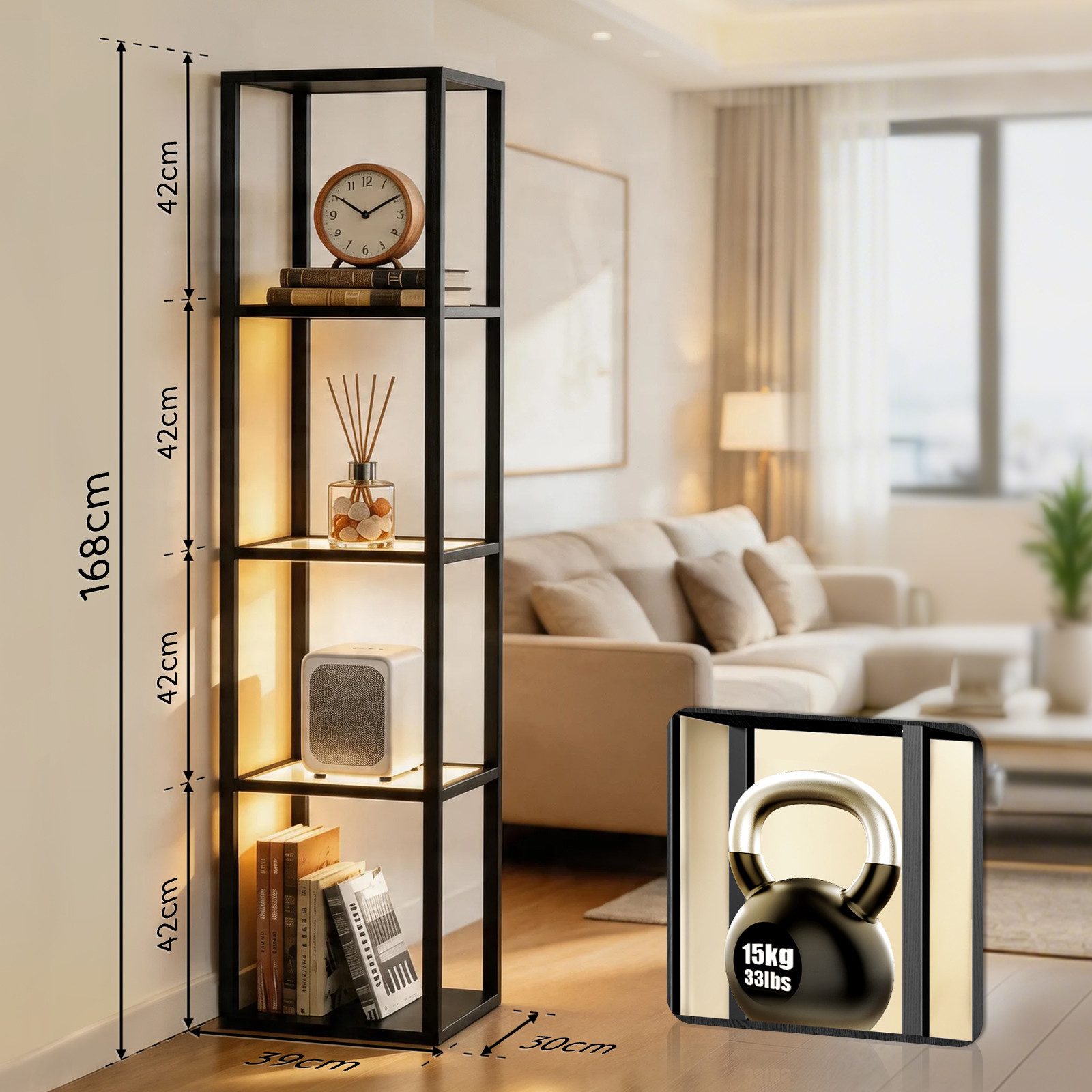 XERSEK Glasvitrine 5 Etagen Vitrine mit Dimmbar LED Beleuchtung Standregal 39×30×168cm (Stufenlos Dimmbar per Fernbedienung & Fußsteuerung) für Sammlerstücke, Wohnzimmer, Schlafzimmer, Schwarz