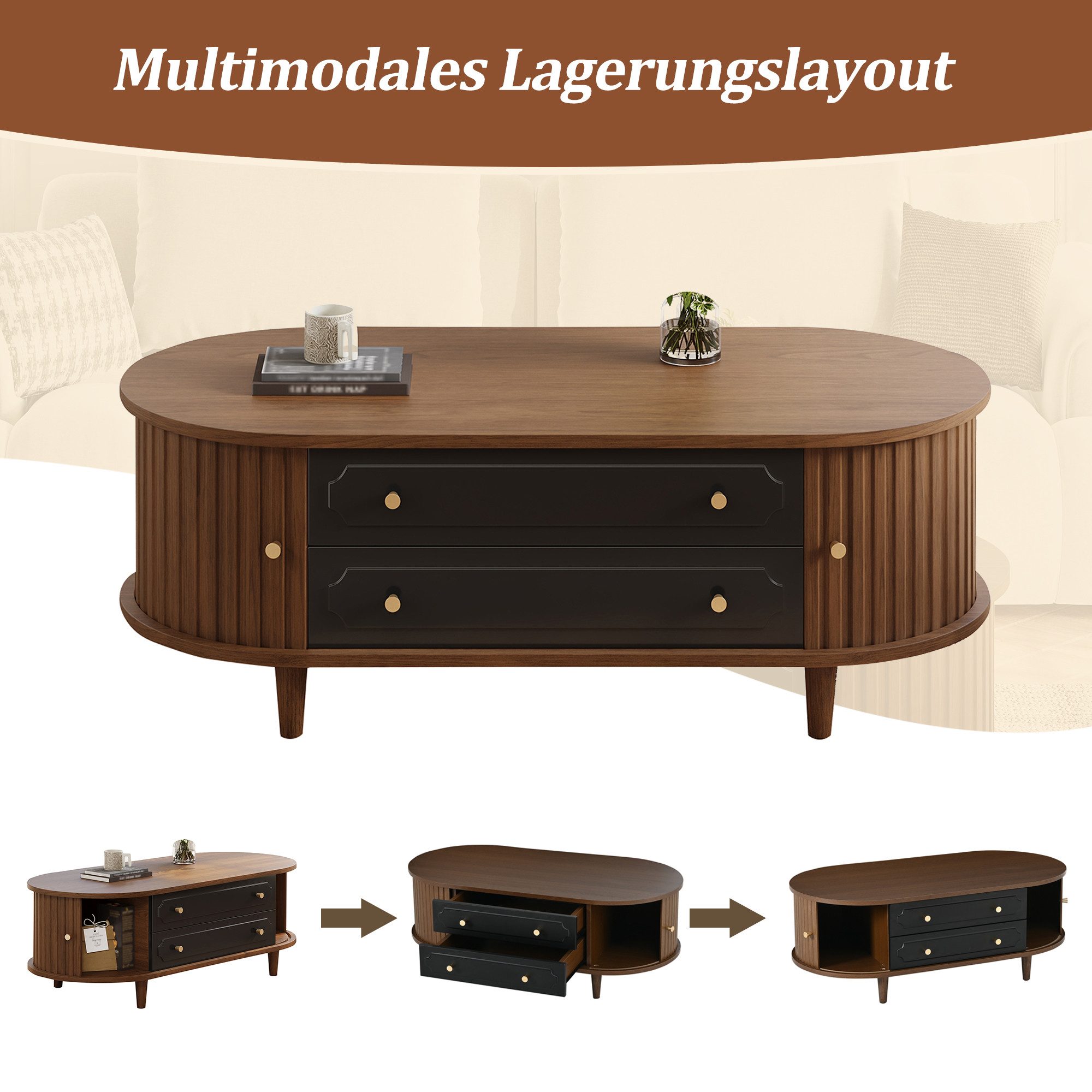 Merax Couchtisch Sofatisch Retro Beistelltisch in Walnussholzoptik (1-St), Wohnzimmertisch mit Rolltüren, 2 Schubladen & Stauraum, 100x50x36cm – Bild 5 von 5